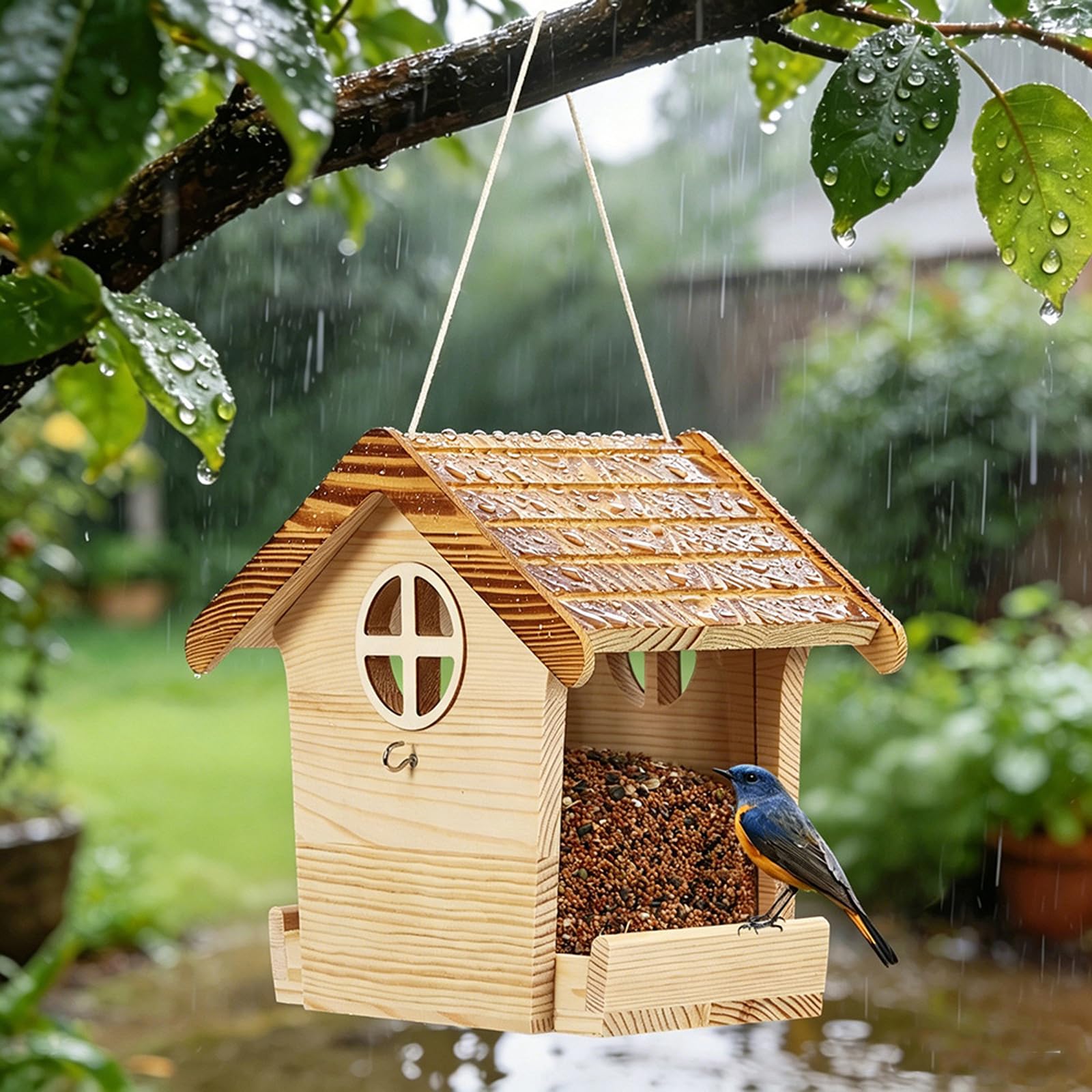 Decorazione per mangiatoia per uccelli da patio, casetta per mangiatoia per uccelli da esterno in legno con vassoio accesso aperto, finitura in legno naturale e ramo un albero o display da