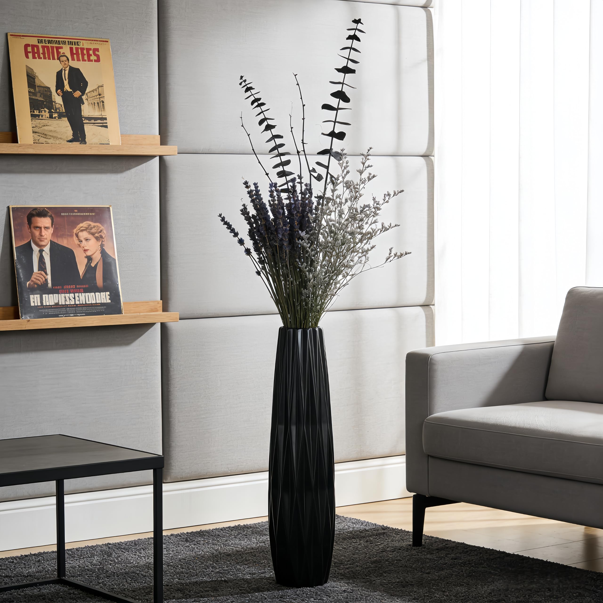 Moderne 60CM Schwarze Keramik Bodenvase,Hoch,24" Dekorative Vase für Pampasgras,Blumen und Trockenblumen,Ideal für Wohnzimmer und Büro