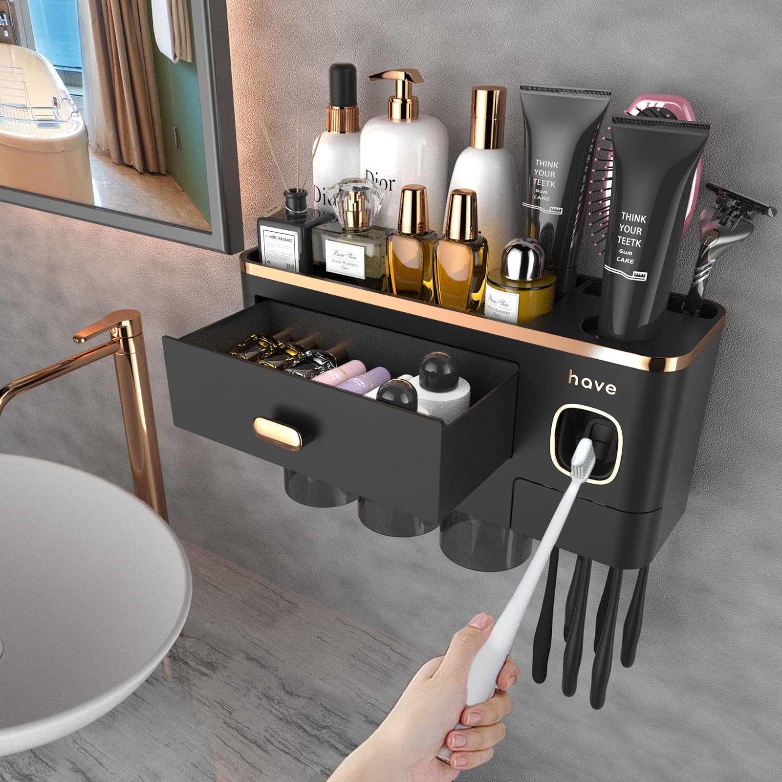 iHave Toothbrush Holder Wall Mounted Bathroom Organiser, Toothbrush Holders for Bathroom with Automatic Toothpaste Dispenser & 3 Cups, Large Capacity Tray Tooth Brush Holder Bathroom Accessories