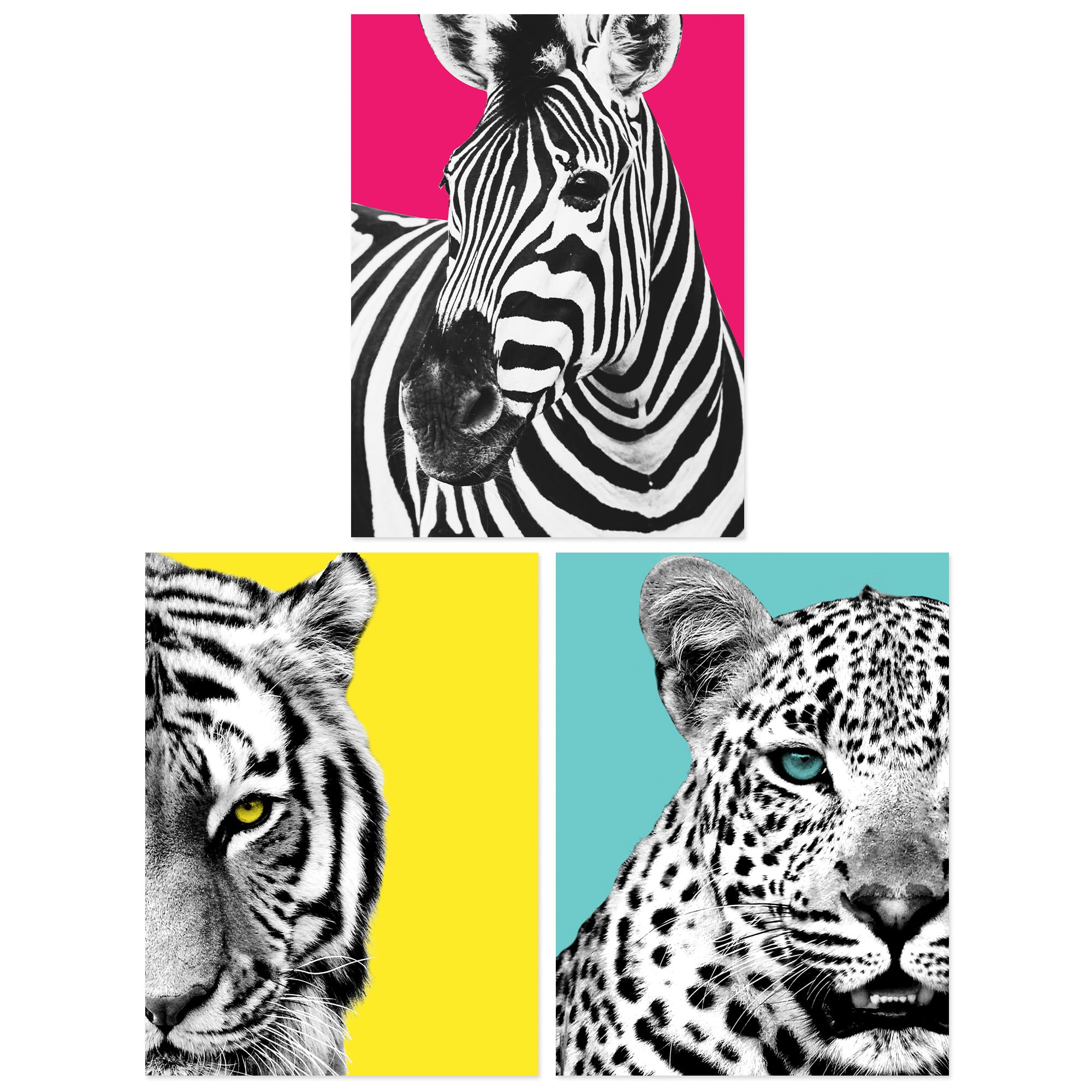 Bright Wild Animal Pink Yellow Zebra Lion Leopard Colour Block - 3 Piece No Frame Print Set