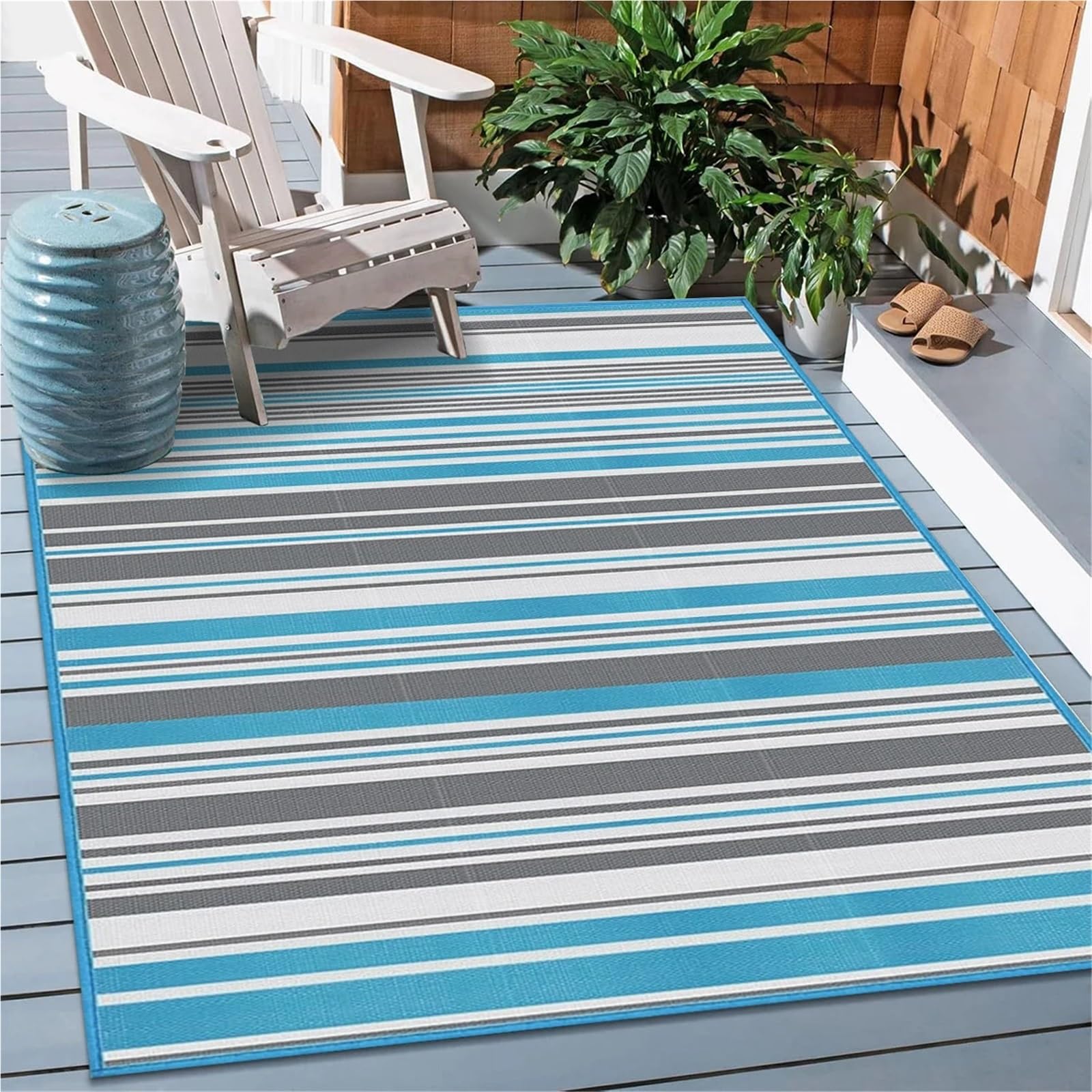 Tapis extérieur intérieur 152x200cm tapis de patio plastique rayé bleu gris