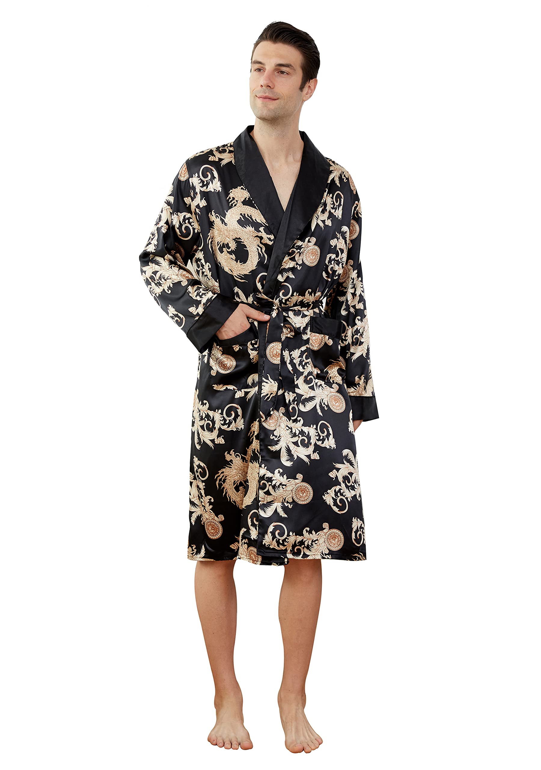 Westkun Saten Albornoz Kimono Con Bolsillos y Cinturones Japones Pijama Batas de Casa Largo por Novia Boda Regalos Lujoso Lencería Suave Comodo y Agradable M-3XL