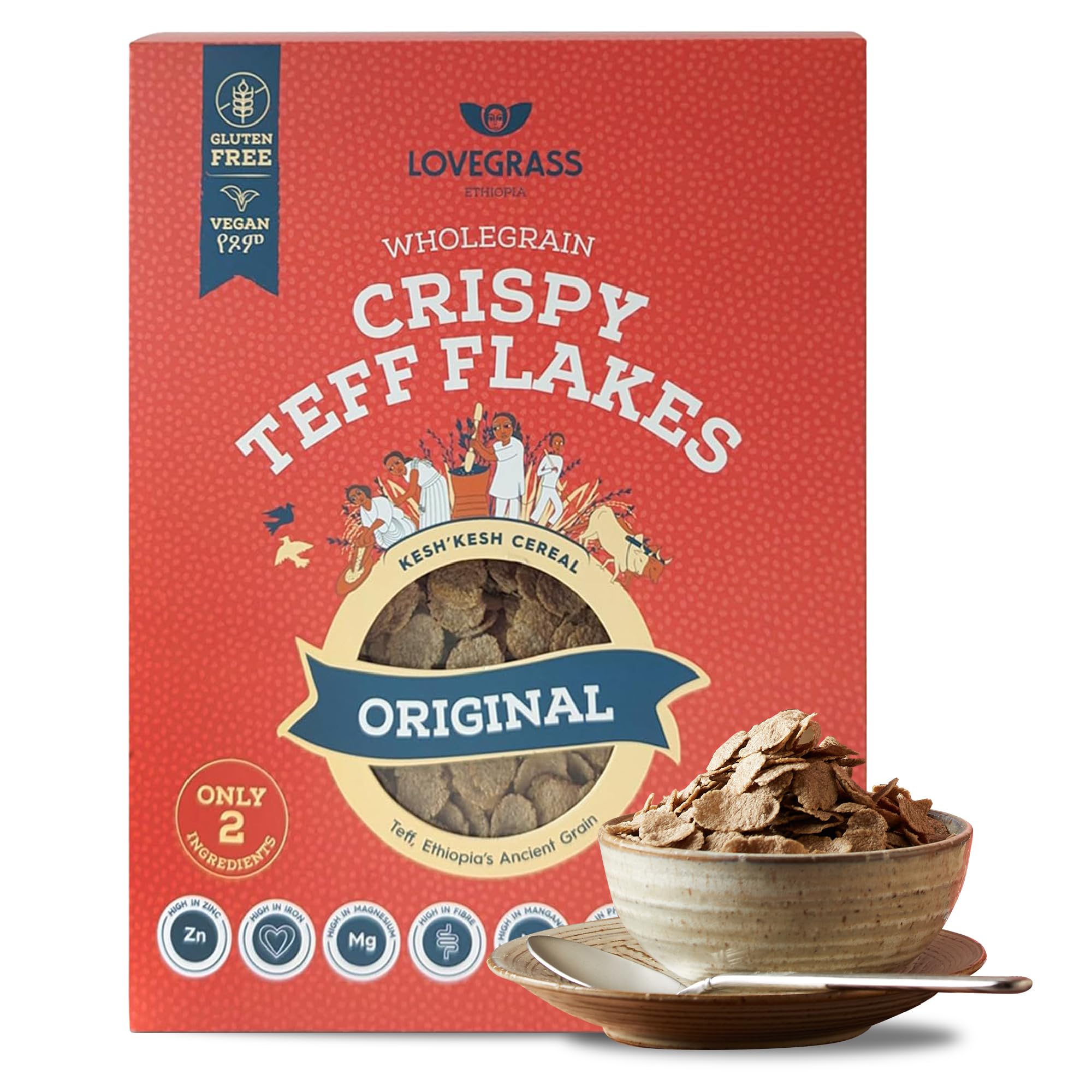 Lovegrass Ethiopia Crispy Teff Flakes | Award Winning Healthy, Whole Grain Breakfast Cereal 350g | Gluten Free | Vegan, High Protein, Fibre, Vitamins & Minerals | No Artificial Sugar