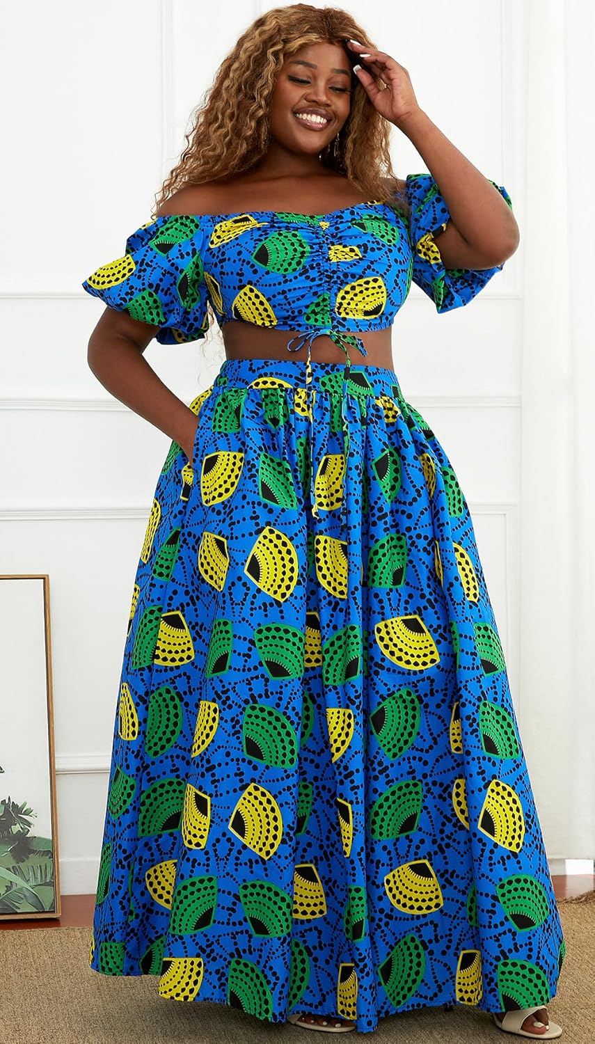 Women's African Print Shirt Dress Kente Wax Top and Skirt Set