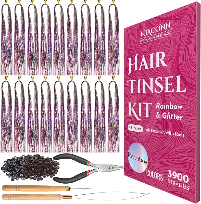 NIACONN Glitter Hair Tinsel Extensions Kit Rainbow Color with Tools and Beads, 48 Inch Sparkly Fairy Colorful Tensile Strands Shiny Hair Accessories for Women Girls Kids