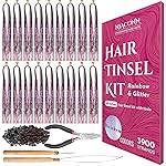 NIACONN Glitter Hair Tinsel Extensions Kit Rainbow Color with Tools and Beads, 48 Inch Sparkly Fairy Colorful Tensile Strands Shiny Hair Accessories for Women Girls Kids