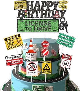 Driver License Birthday Cake Toppers Decorations, 16th Birthday Party Decorations for Boys, Learner Driver Car Road Signs Theme Cake Decor Supplies
