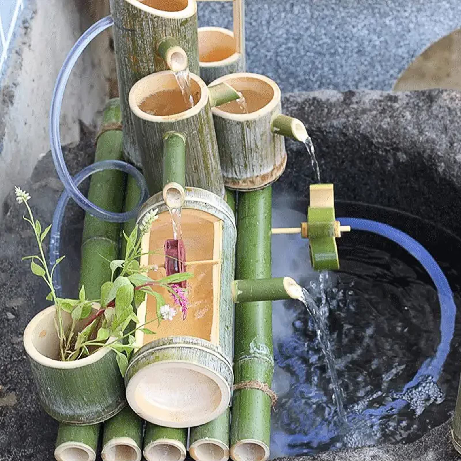 Solar-Wasserbrunnen für den Garten, solarbetriebenes Bambusrohr, fließendes Wasser, Dekoration, Pumpwagen, Landschaft ohne Stecker, Landschaftssteinhandwerk, 50 cm, 55 cm