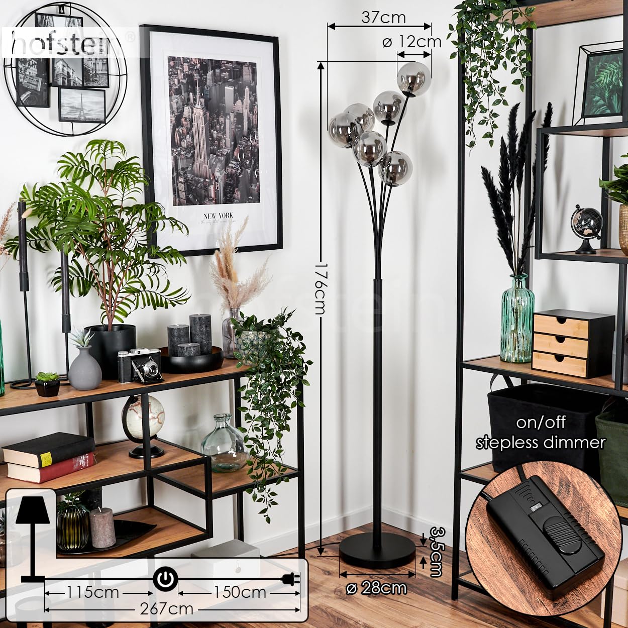 Stehleuchte Bernado, Stehlampe aus Metall/Glas in Schwarz/Rauchfarben, Leuchte im modernen Retro/Vintage-Design mit Schirmen aus Glas (Ø 12 cm), dimmbar über Fußschalter, 6 x G9, ohne Leuchtmittel