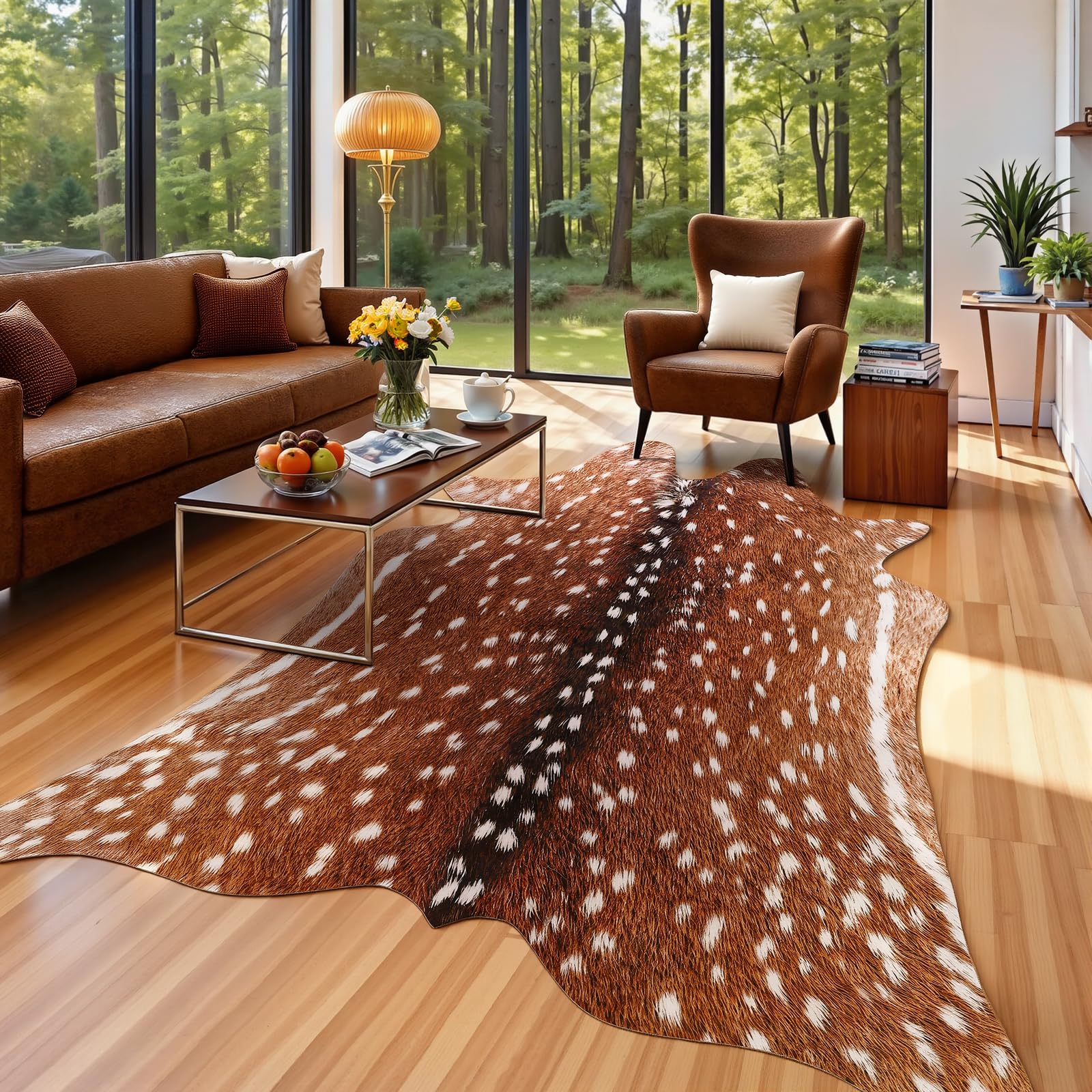 AROGAN Premium Deer Print Rug 4.6x5.2 Feet, Machine Washable Faux Fur Rug, Non-Slip Animal Print Hide Deer Skin Area Rug for Bedroom Living Room Home Decor