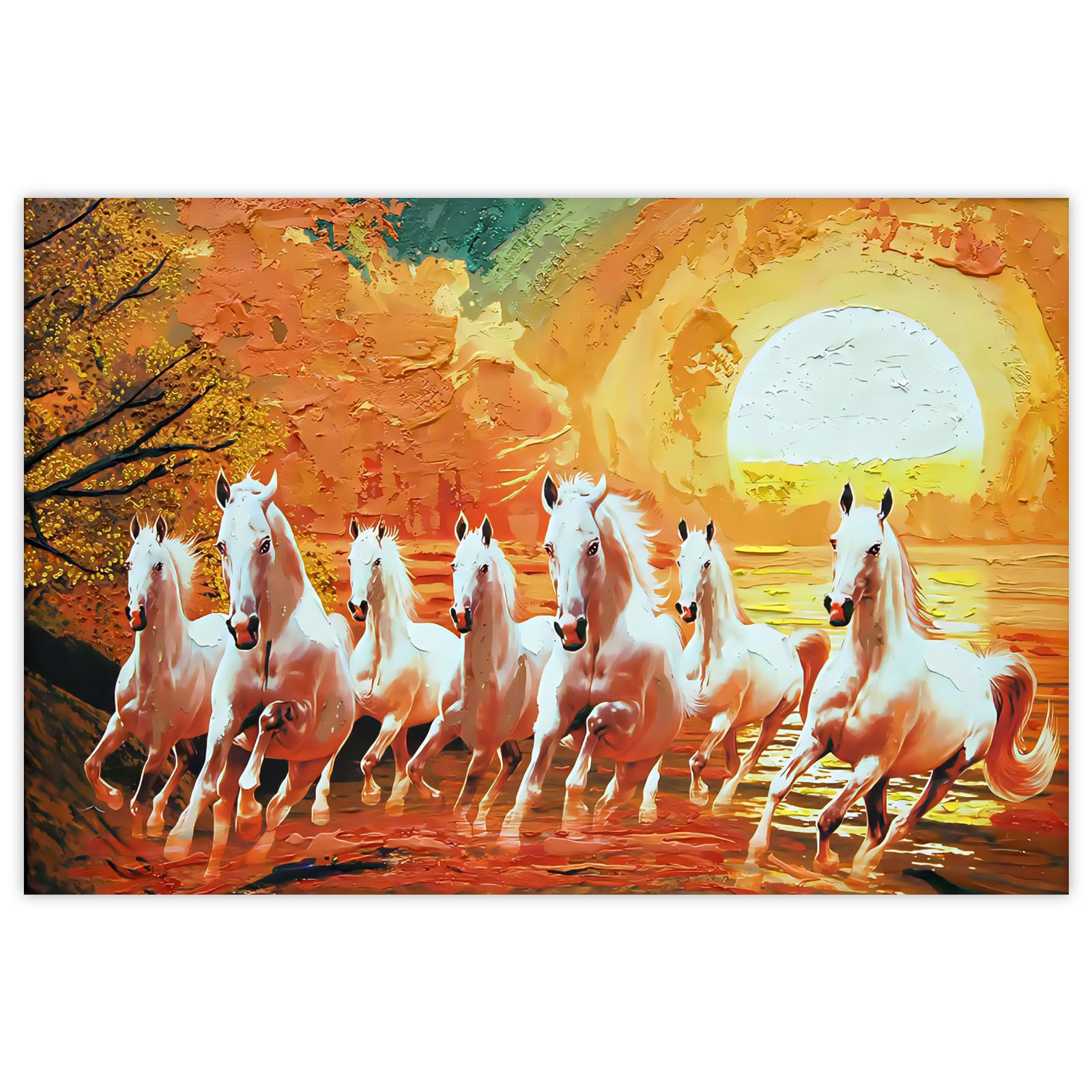 Amazon Brand - Umi Rolled Sparkled Vastu Seven Running Horses Vinyl Art Print for Room Décor Digital Reprint 36 inch x 24 inch Painting (Style 7)