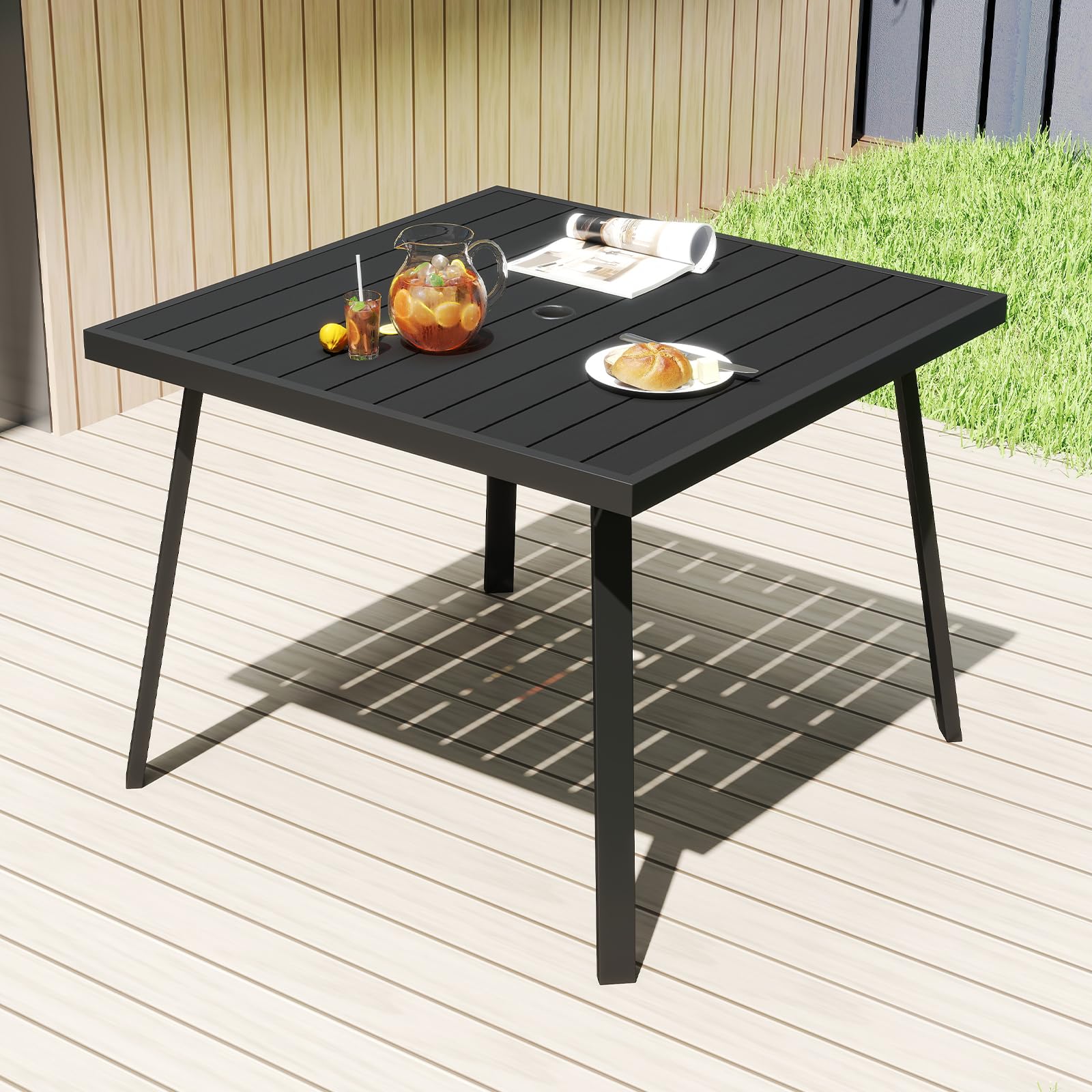 C-Hopetree Outdoor Dining Table with Umbrella Hole for Outside Patio, Metal, Square, Black