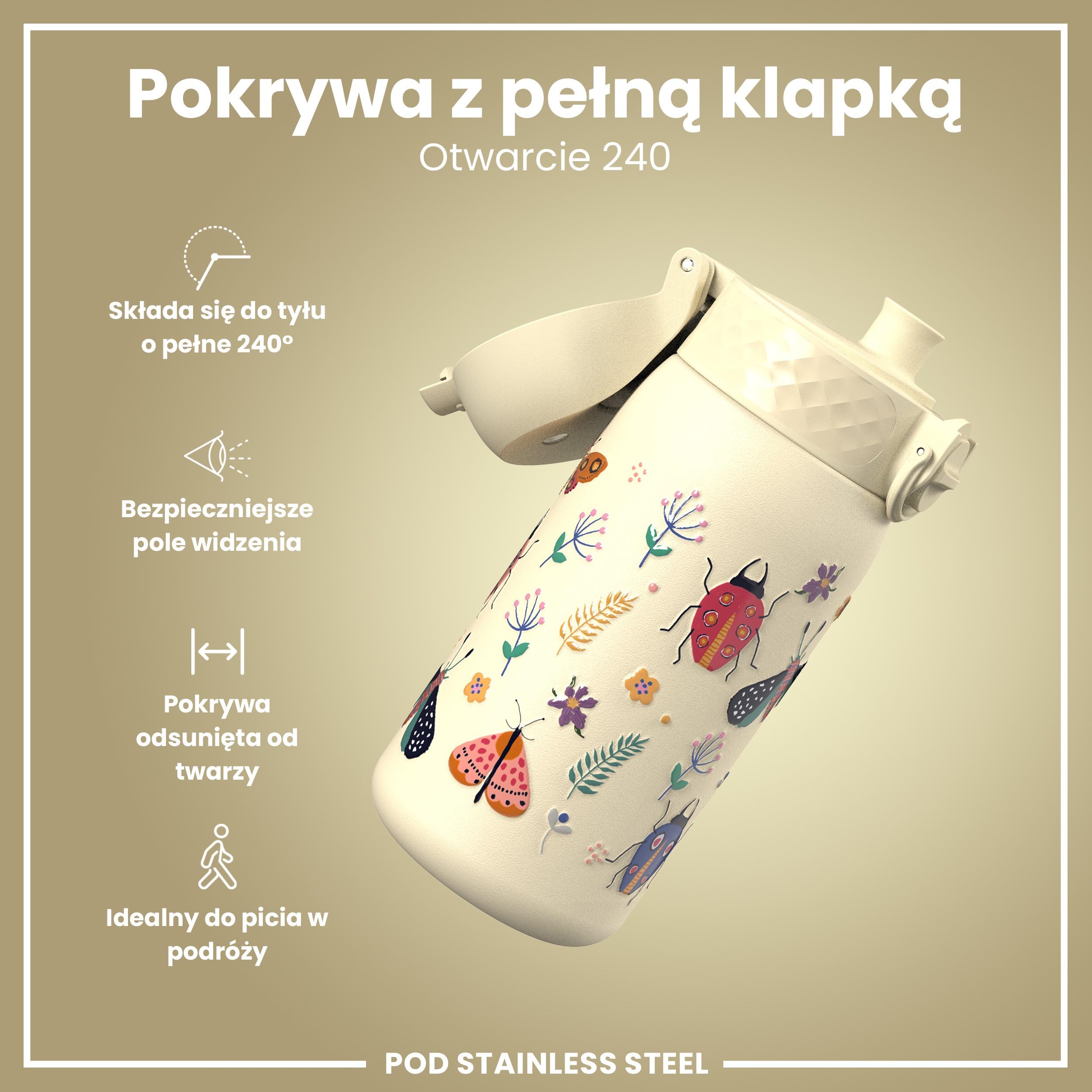 ION8 Butelka na Wodę dla Dzieci ze Lekki Stali, 400 ml/13 oz, Nieocieplany, Szczelna, Łatwa do Otwarcia, Bezpieczny Zamek, Można Myć w Zmywarce, Składany Uchwyt, Łatwa w Czyszczeniu, Owady I Życie