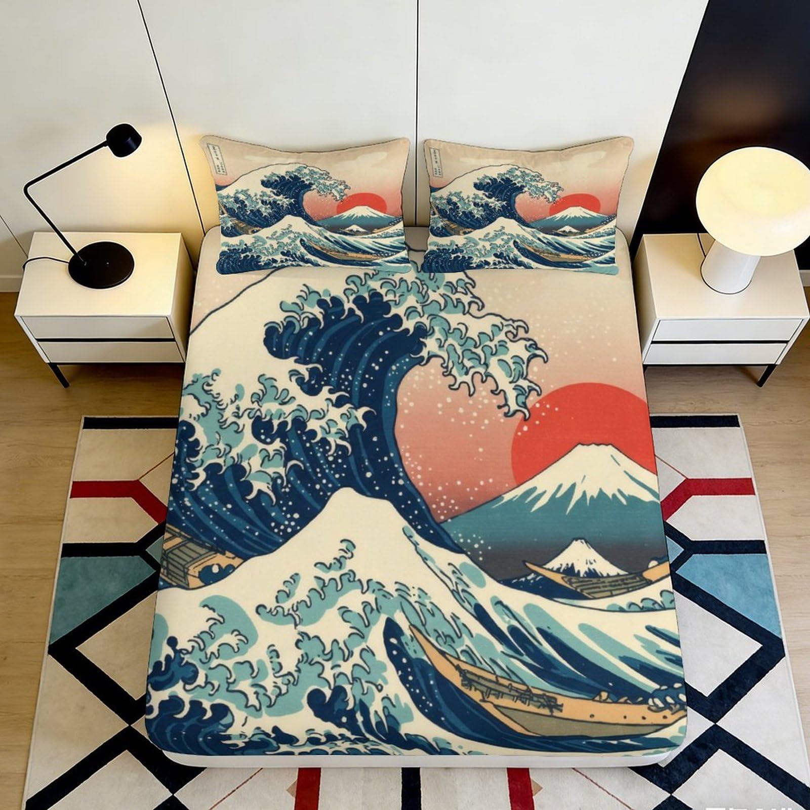 Pnayamiorkfel Style-1 3D Printed Great Wave Red Sun Fitted Sheet Microfiber Breathable Japanese Mount Fuji Bed Cover For Bedroom Decor 90X200x25cm