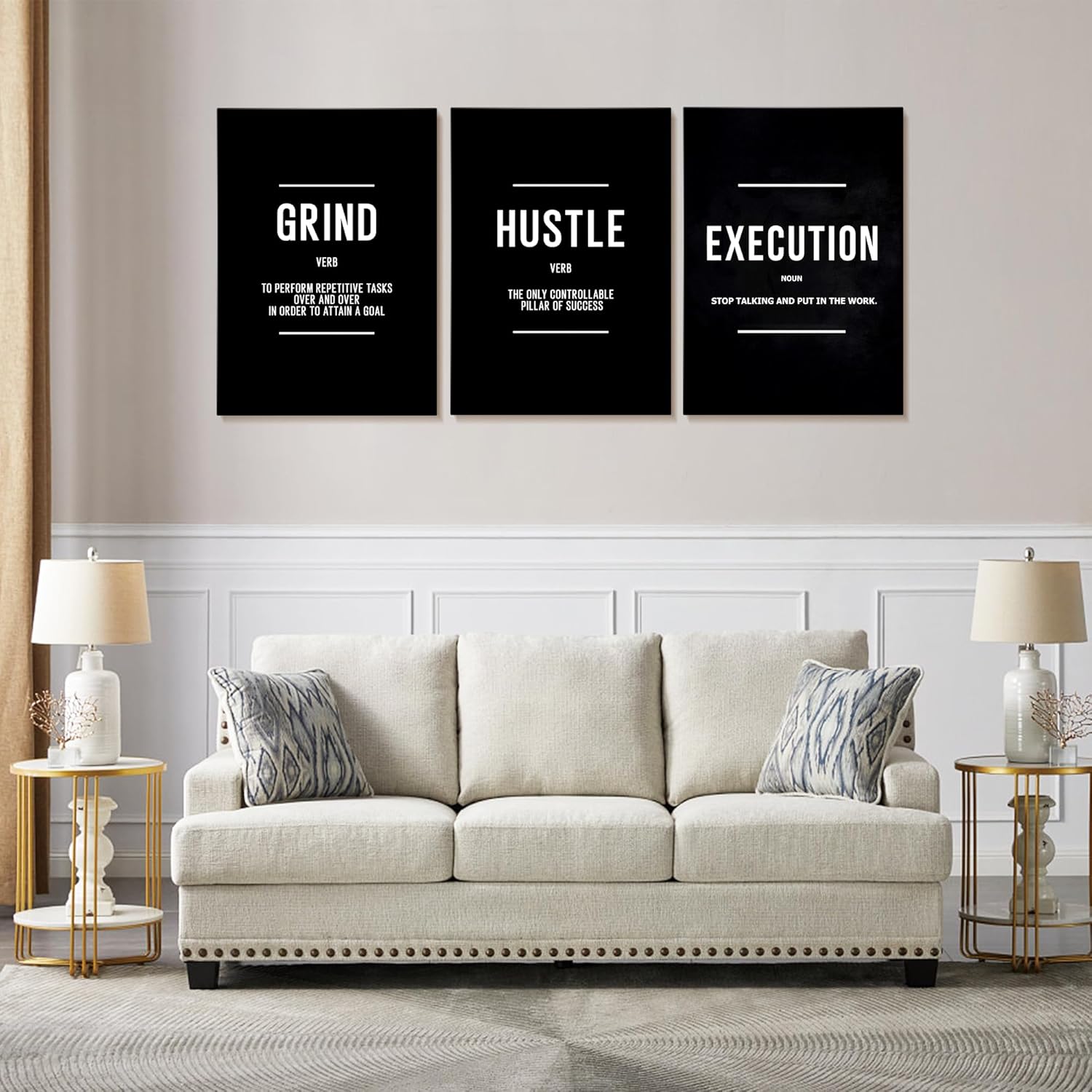 Inspirational Wall Art 3 Pieces, Grind Hustle Execution Motivational Wall Decor - Motivational Positive Quotes Framed Artwork for Office, Home Decor, Living Room, Bedroom, Ready to Hang