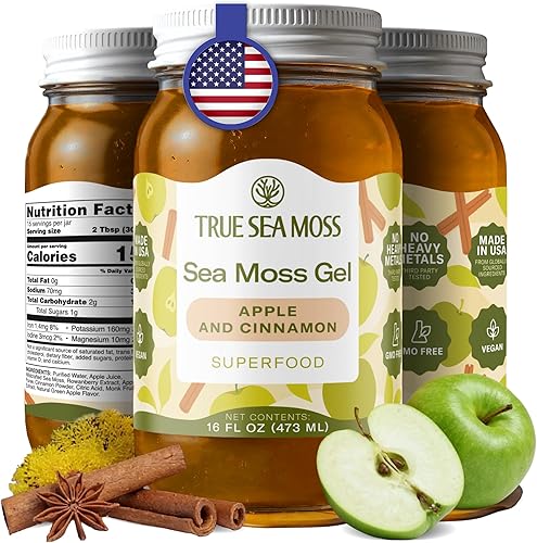 TrueSeaMoss Sea Moss Gel – Made in USA – Wildcrafted Seamoss, Fruits & Jarred Vegetables – Apple/Cinnamon, Pack of 1 (Labels may Vary)