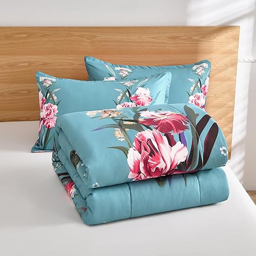 Miniatura 5 de Shatex Edredón floral tamaño individual (90 x 68 pulgadas), ropa de cama de 2 piezas para todas las estaciones, edredón botánico verde azulado
