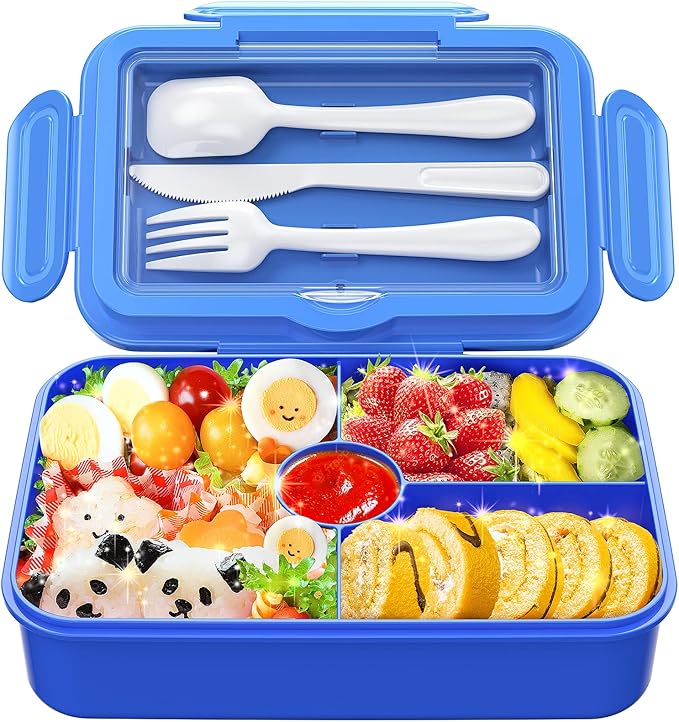 Bento Box Lunch Box, Bento Lunch Box for Kids Adult with 3 Compartment, Spoon&Fork, Sauce Jar