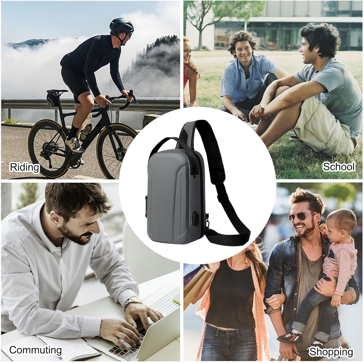 FANDARE Anti-theft Men Sling Bag Crossbody Chest Messenger Pack with USB