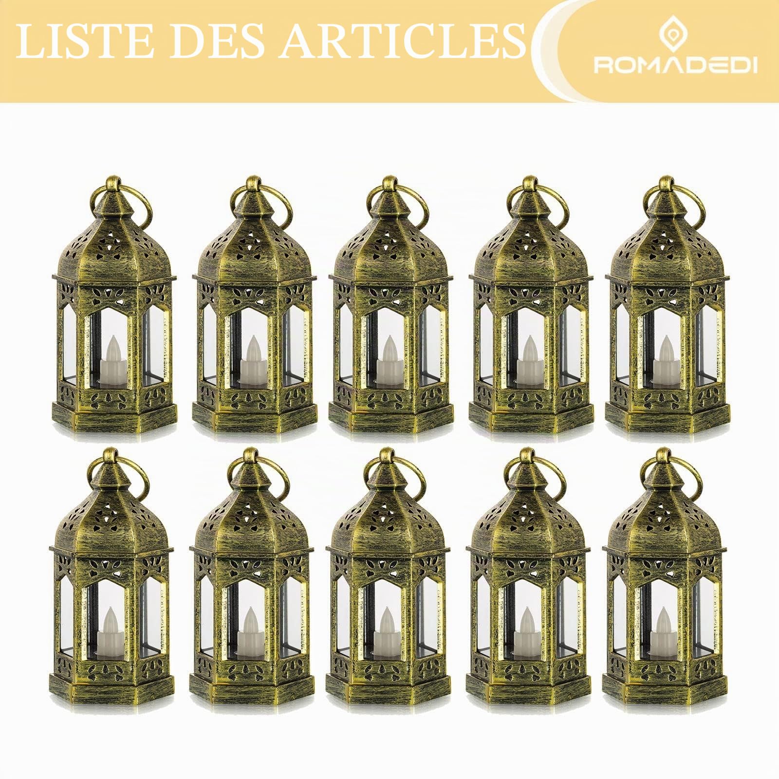 Romadedi Mini Lanterne LED Exterieur - Lot de 10 Lanterne Bougie doré Decorative Bougeoir pour Halloween, Mariage, Noel, Decoration de Table, Piles Incluses