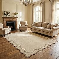 GarveeHome 5x7 Scalloped Tan Jute Area Rug - Washable Non-Slip Low Pile Rug for Living Room, Bedroom, Farmhouse Decor