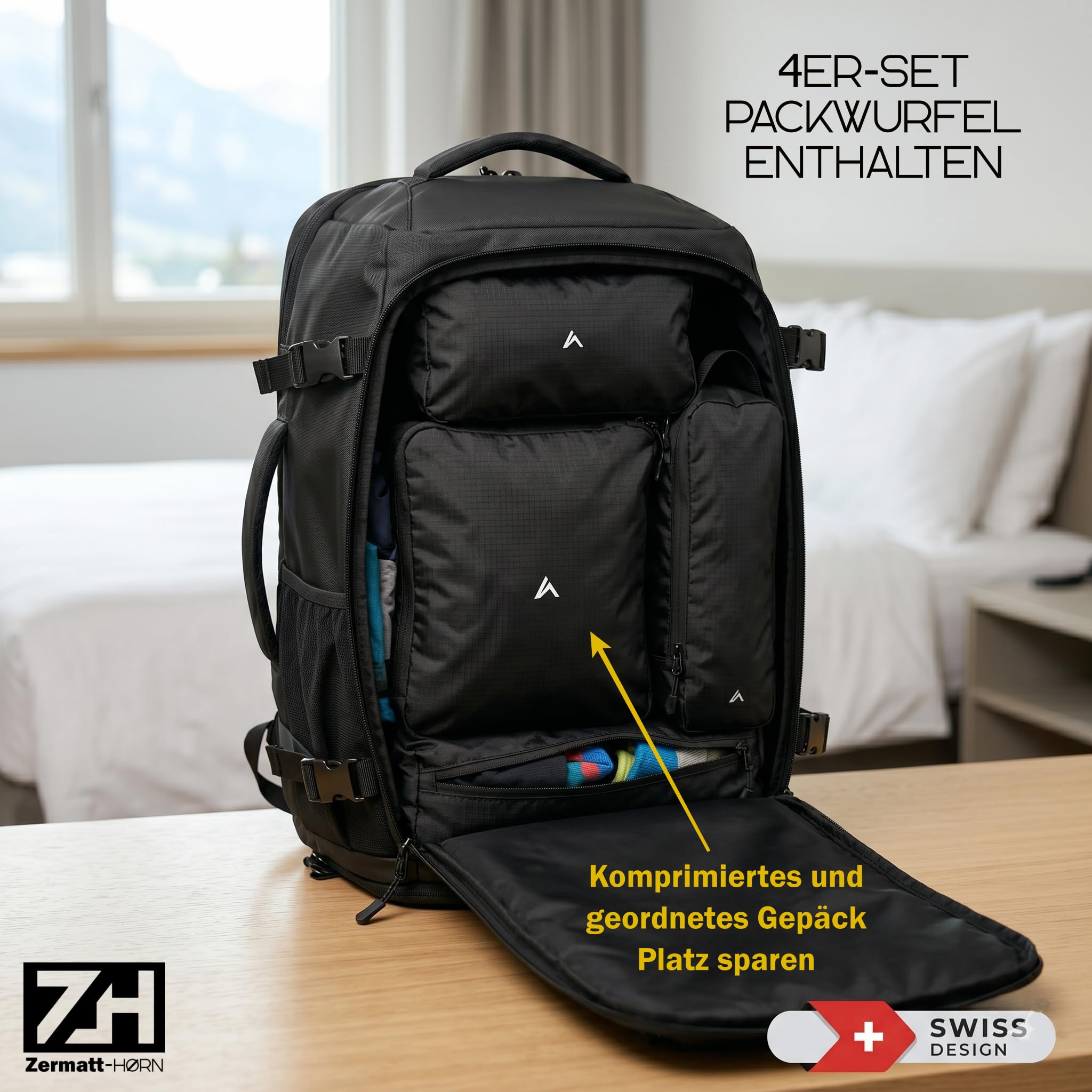 +ZH Reisen rucksack flugzeug + Packwürfel Set mit Kompression aus recycelten Plastikflaschen + Organizer für Handgepäck, Handgepäck-Ruck sack 40x30x20 auf 45x30x20, Packing Cubes, Organizer