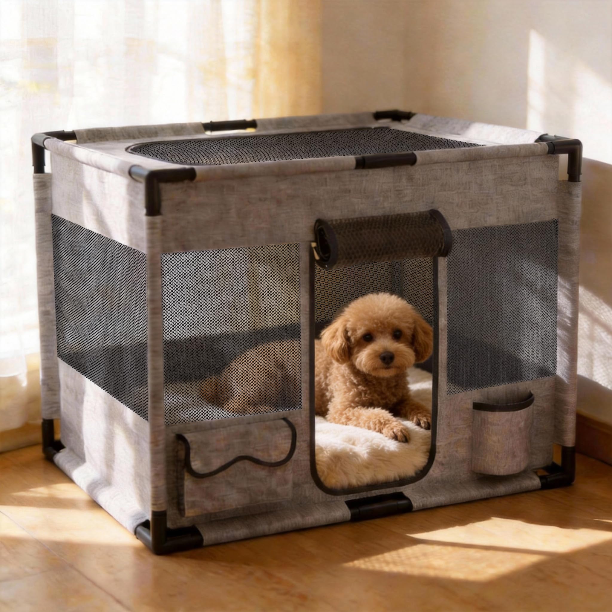Welpenauslauf für Hunde & Katzen, 600D Oxford-Gewebe, atmungsaktive Netzfenster, PVC-Rahmen, stabil & faltbar, Indoor & Outdoor, Quadratisch, Grau, M, 85 × 65 × 65 cm