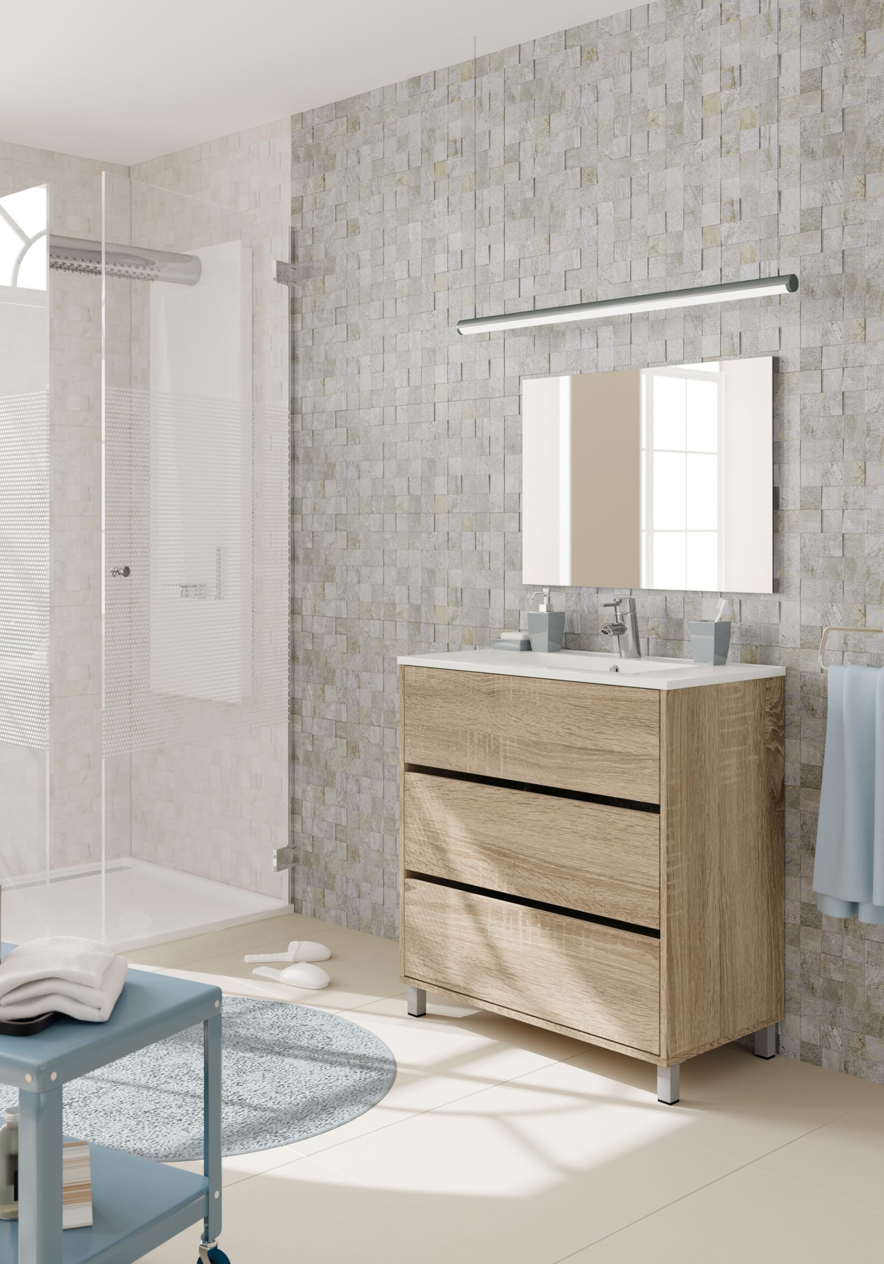 MUEBLES PITARCH | Ensemble Meuble de Salle de Bain avec lavabo en céramique et Miroir Inclus, 3 tiroirs, Largeur 80cm, avec Pieds, Blanc, pour lavabo encastré, Style Moderne, modèle Kalma