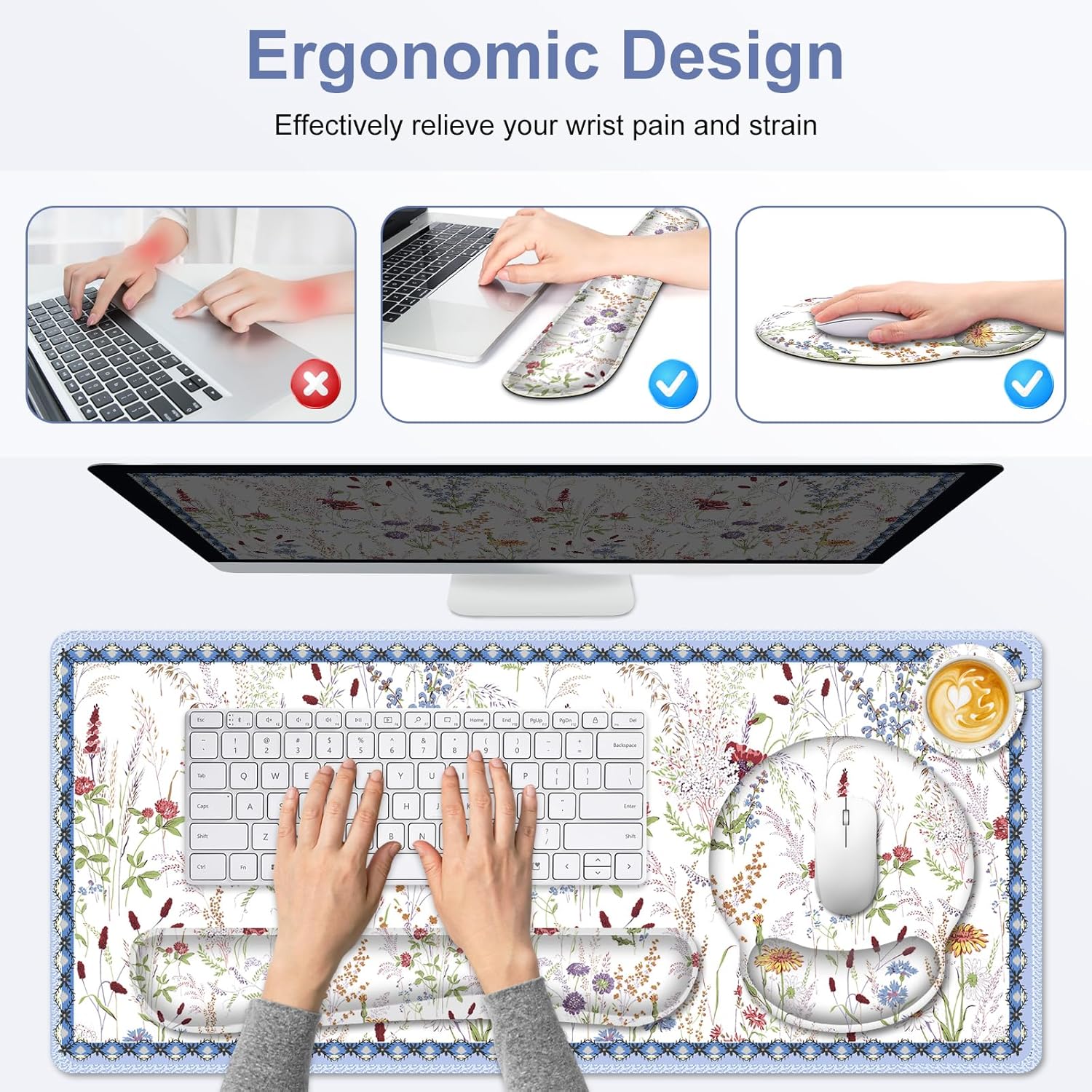 Floral Desk Mat, 4in1 Large Mouse Pad with Wrist Rest, Cute Desk Mat, Anti-Slip XXL Computer Ergonomic Mousepad with Wrist Support for Keyboard and Mouse, Colorful Weeds