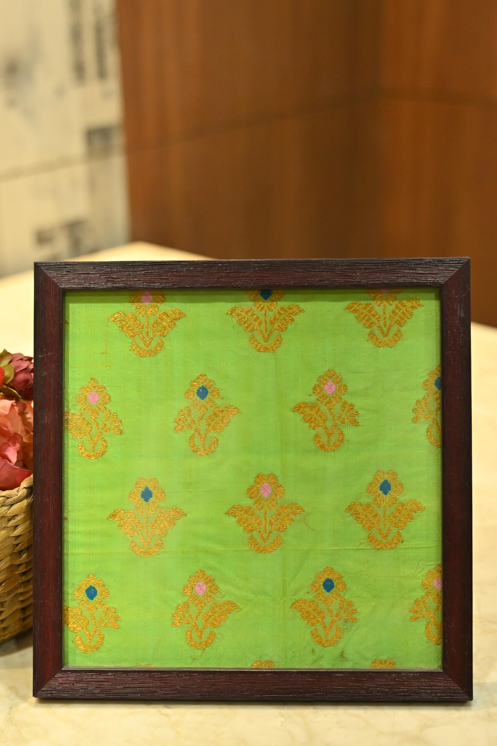 Framed Hand Woven Silk Fabric Wall Hanging | Parrot Green Mulberry