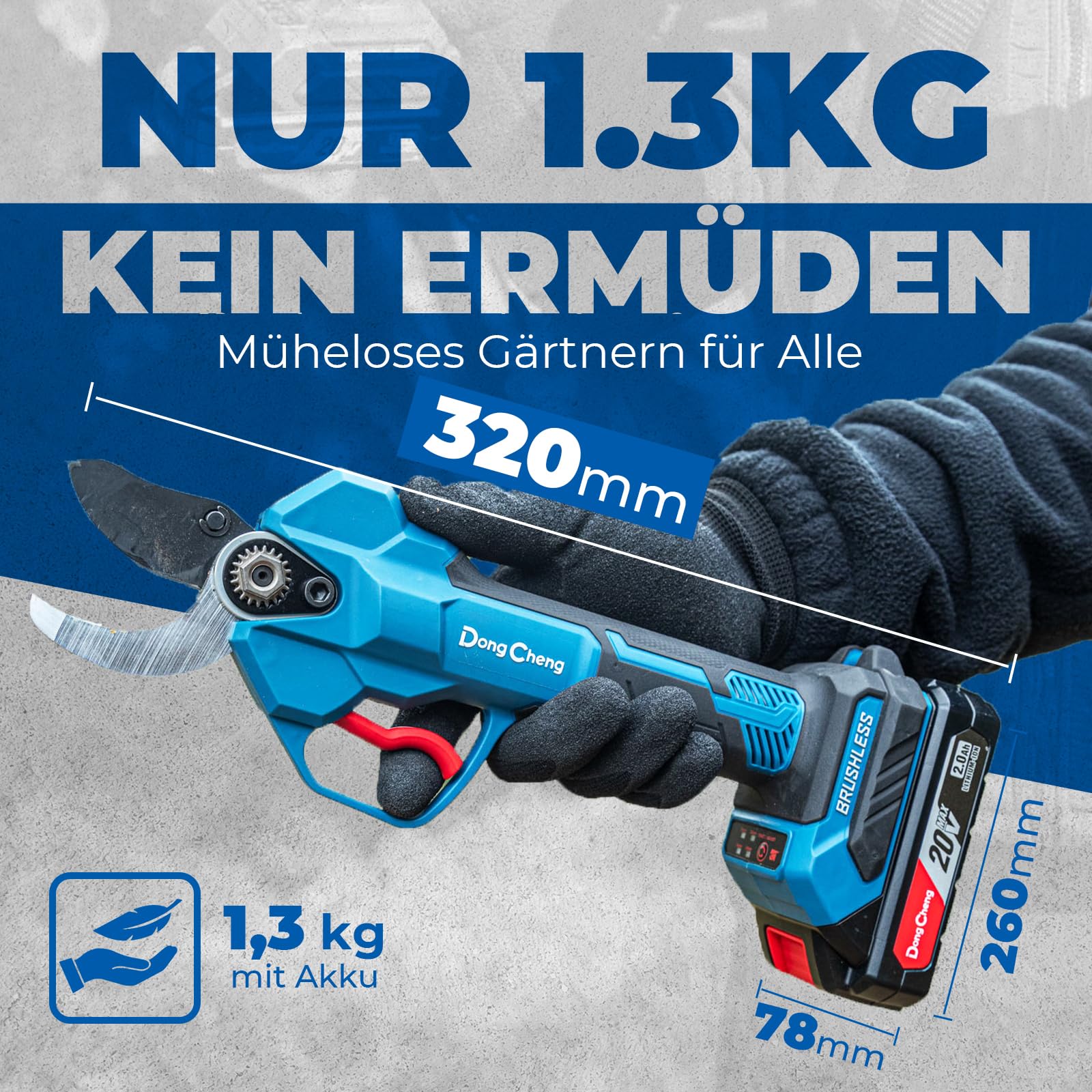 Dong Cheng Akku Astschere mit 2x 2,0Ah Akkus, Bürstenloser Motor, 4 Gänge bis 35 mm, 20V Akku Gartenschere, SK5-Klinge - für Obstbäume, Gartenpflege, Sträucher