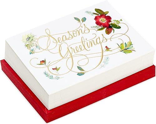 Miniatura 4 de Hallmark Tarjetas navideñas en caja, saludos de temporada floral (40 tarjetas con sobres) y surtido de tarjetas de Navidad en caja, color blanco y