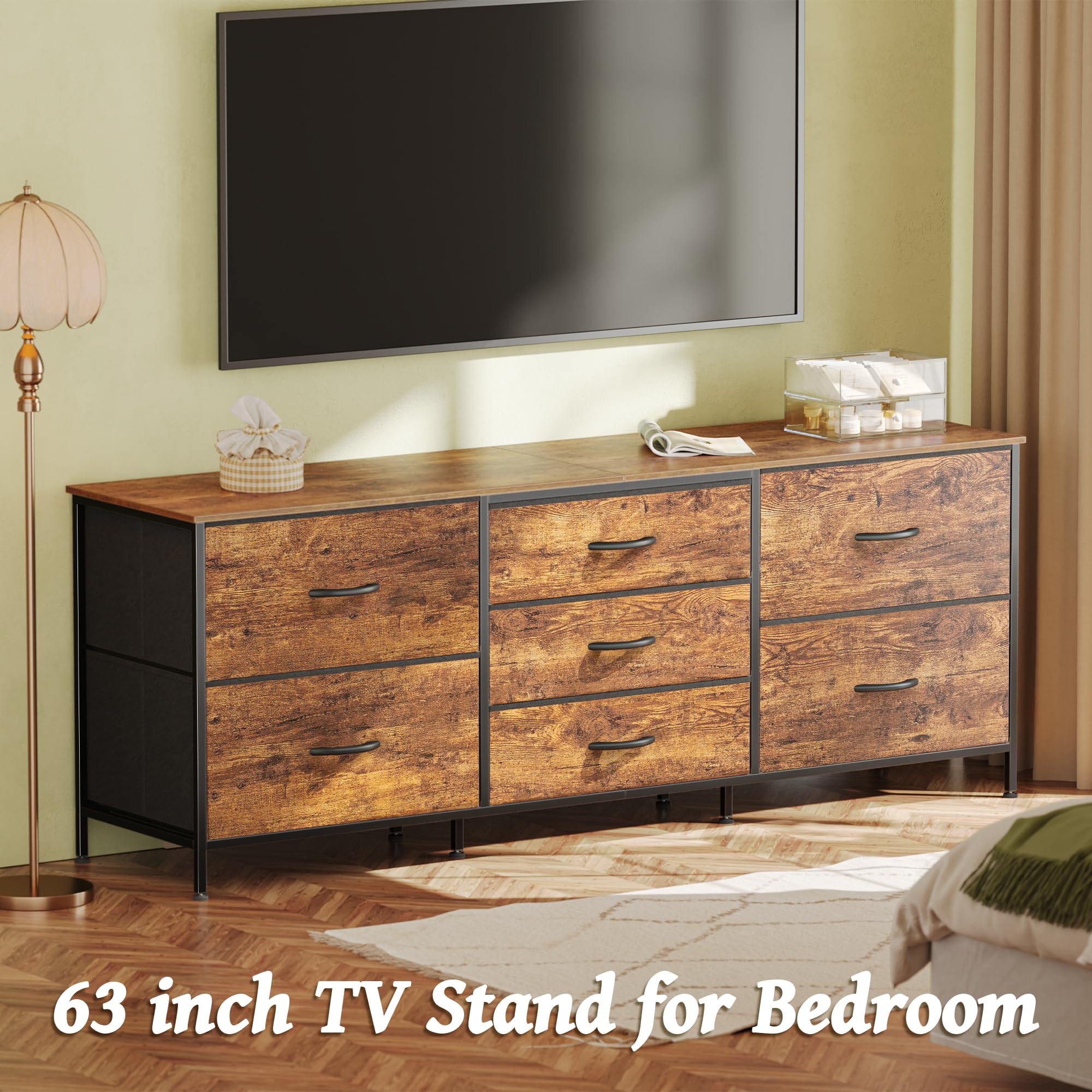 Kommode Mit 7 Stoffschubladen & TV-Ablage, 63 Zoll (160 Cm) Lang, Rustikal Braun – Für Schlafzimmer, Wohnzimmer Oder Flur