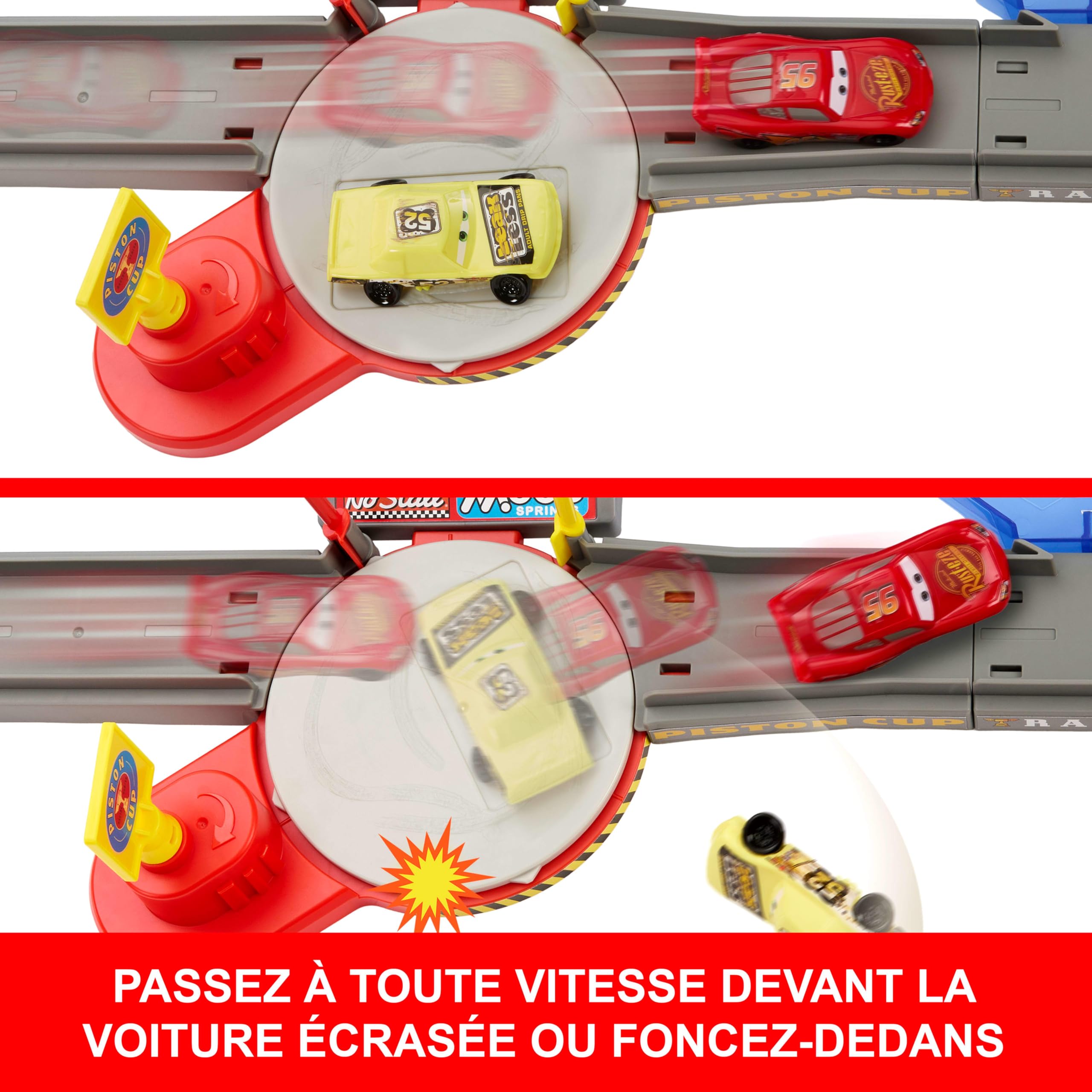 Mattel Disney · Pixar Cars Circuit Course Cascade Piston Cup avec Flash McQueen Langue pendue et Voiture accidentée, JHL42
