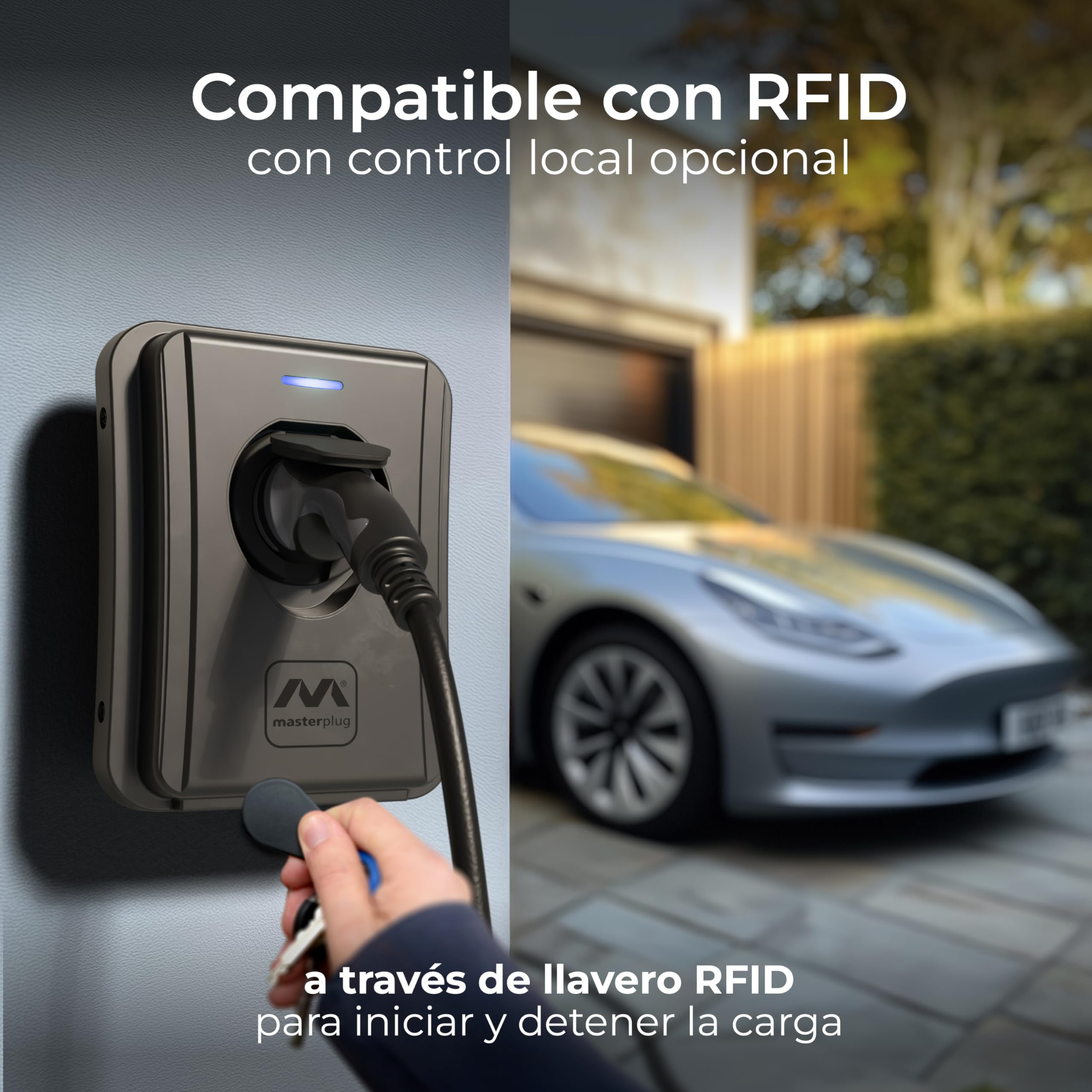 Masterplug Stazione di ricarica EV da parete per veicoli elettrici, tipo 2, caricatore senza cavo per auto elettrica con funzione fissa automatica, monofase, modalità 3, RFID, IP65, 7.4kW, 32A
