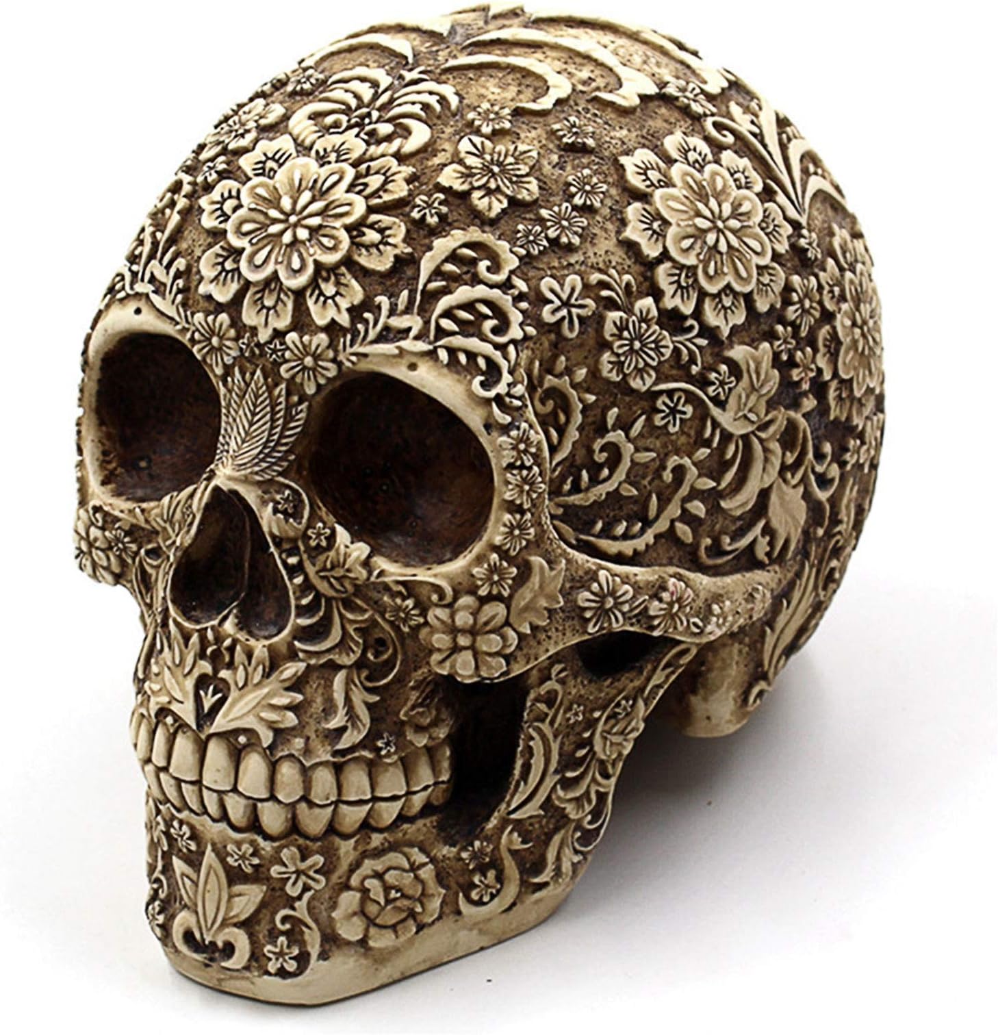 Ujoy Creative Skull Flowers Sculpture 8.1'' Human Head Skeleton Statue Collectible Halloween Decoration Home Decor, Ornate Flower Skull Face Home Decor Realistic Human Head model Sculpture Gifts