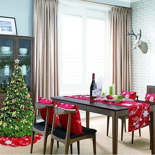 Miniatura 7 de Grelucgo Camino de mesa con copos de nieve bordados con toalla, decoraciones navideñas rojas (rojo, 14 x 55 pulgadas)