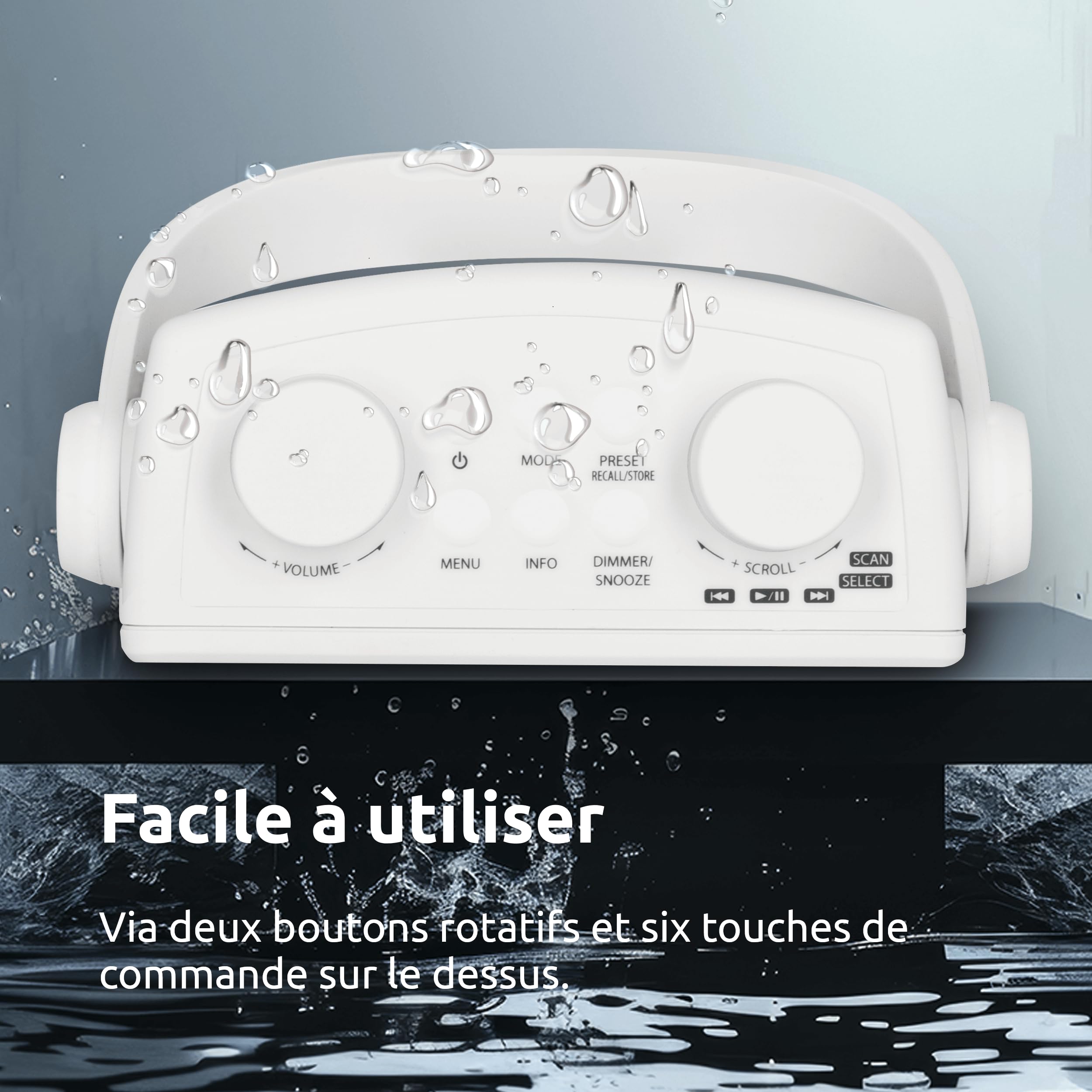 TechniSat DIGITRADIO 30 - Radio de Douche Dab+ étanche (FM, Radio numérique Dab, Batterie intégrée, Bluetooth, étanche IPX5, réveil, mémoire favoris, Prise Casque) Blanc