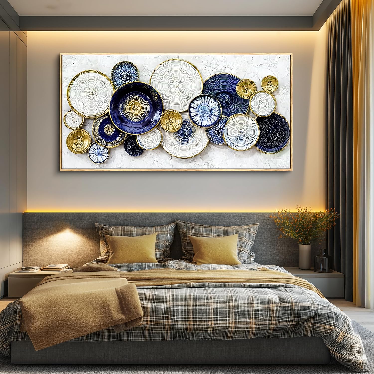 JUDASJART Canvas Wall Art For Living Room Wall Decor For Bedroom Office Wall Decoration Blue Swirl Gold Trim Landscape Painting Abstract Pictures Artwork Room Aesthetic Home Decor 20x40 In