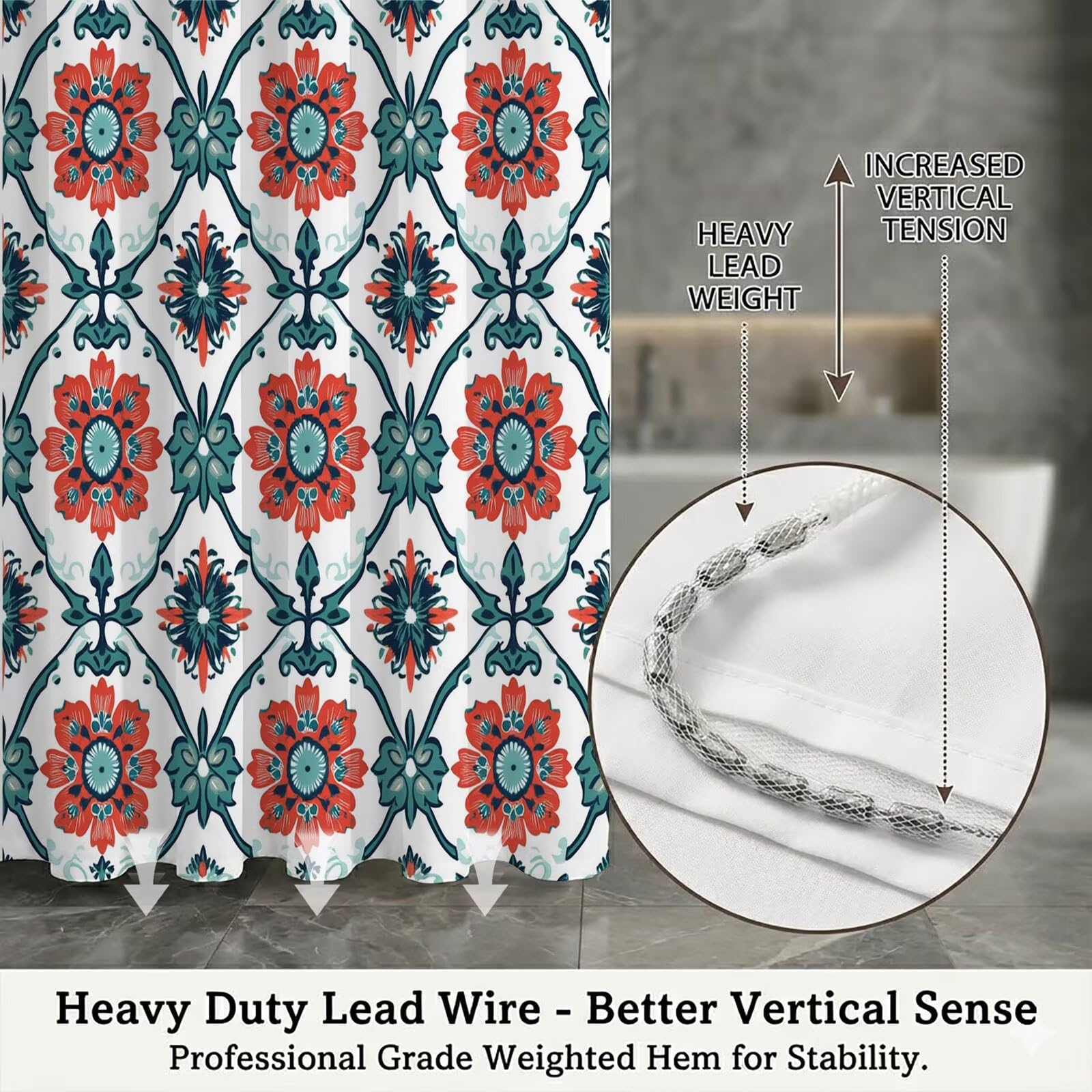Duschvorhang 300 x 200 cm Stoff für Badezimmer & Badewanne, Wasserabweisend Duschvorhänge mit Beschwerter Saum & Bleiband, Blickdicht Textil Vorhang Polyester Waschbar inkl Ringe (Rot Blume), Q-o417