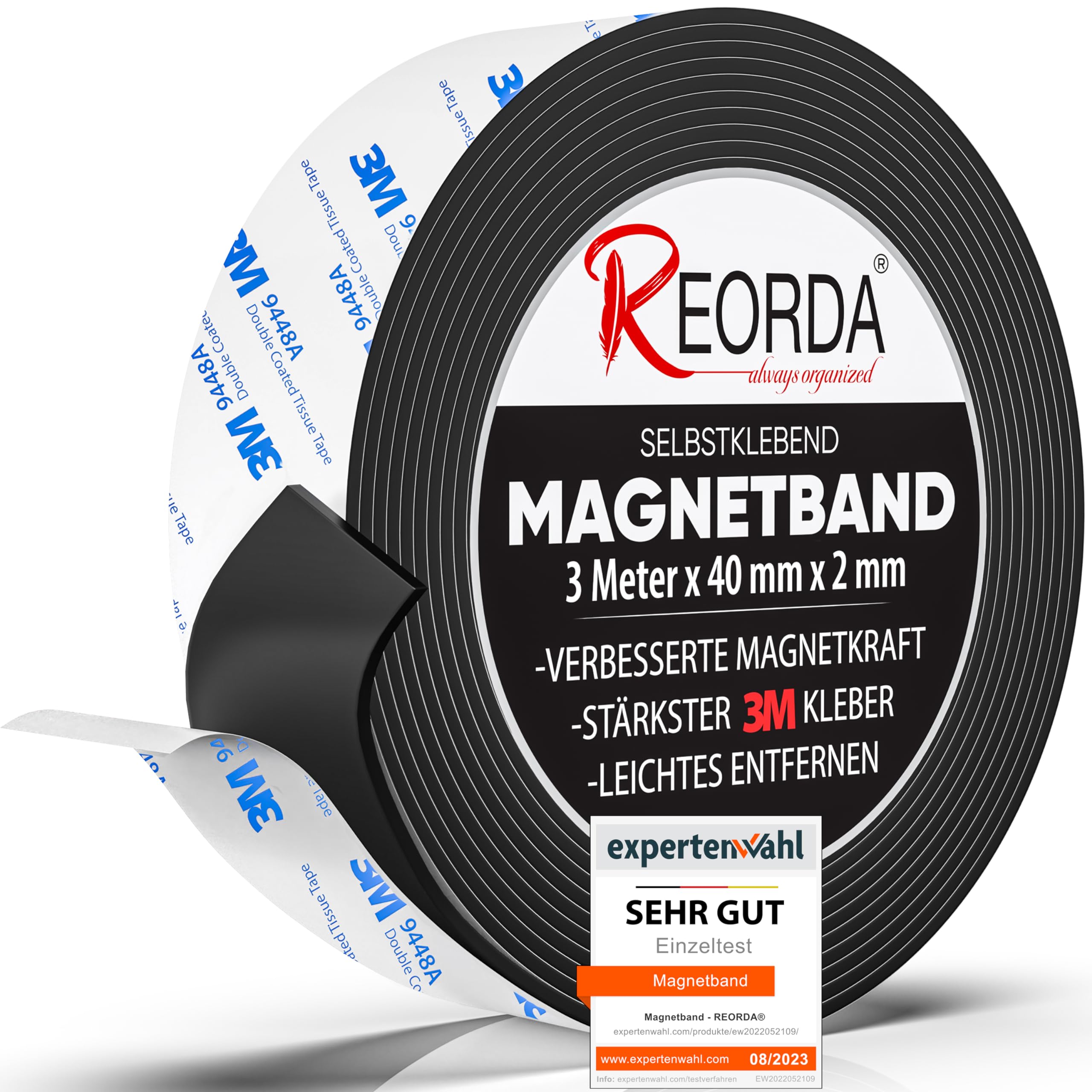 REORDA Magnetband selbstklebend stark - Magnetstreifen selbstklebend mit starkem 3M Kleber - Magnetklebeband mit optimierter Magnetkraft - Magnet Klebeband
