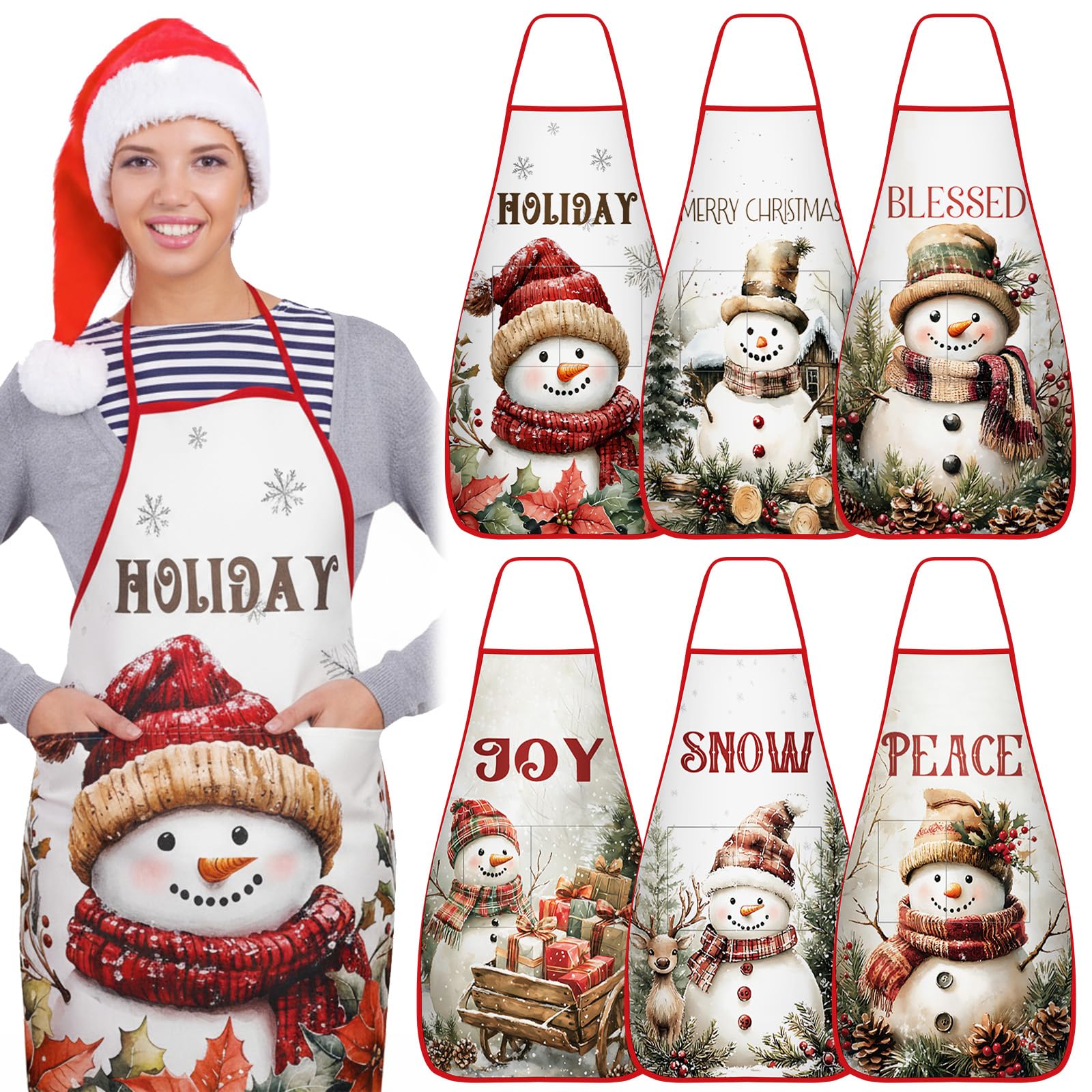 6 Pcs Snowman Apron with Pocket Winter Adjustable Snowman Cooking Apron for Women Men