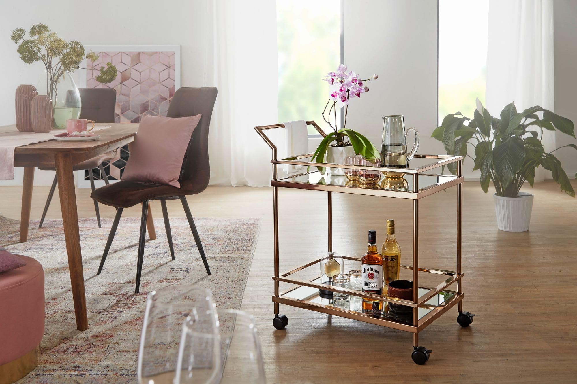 FineBuy Carro de Servicio con Ruedas Oro Oscuro 65x45x84 cm | Carrito de té Metal y Vidrio | Carro de Cocina Rectangular Moderno