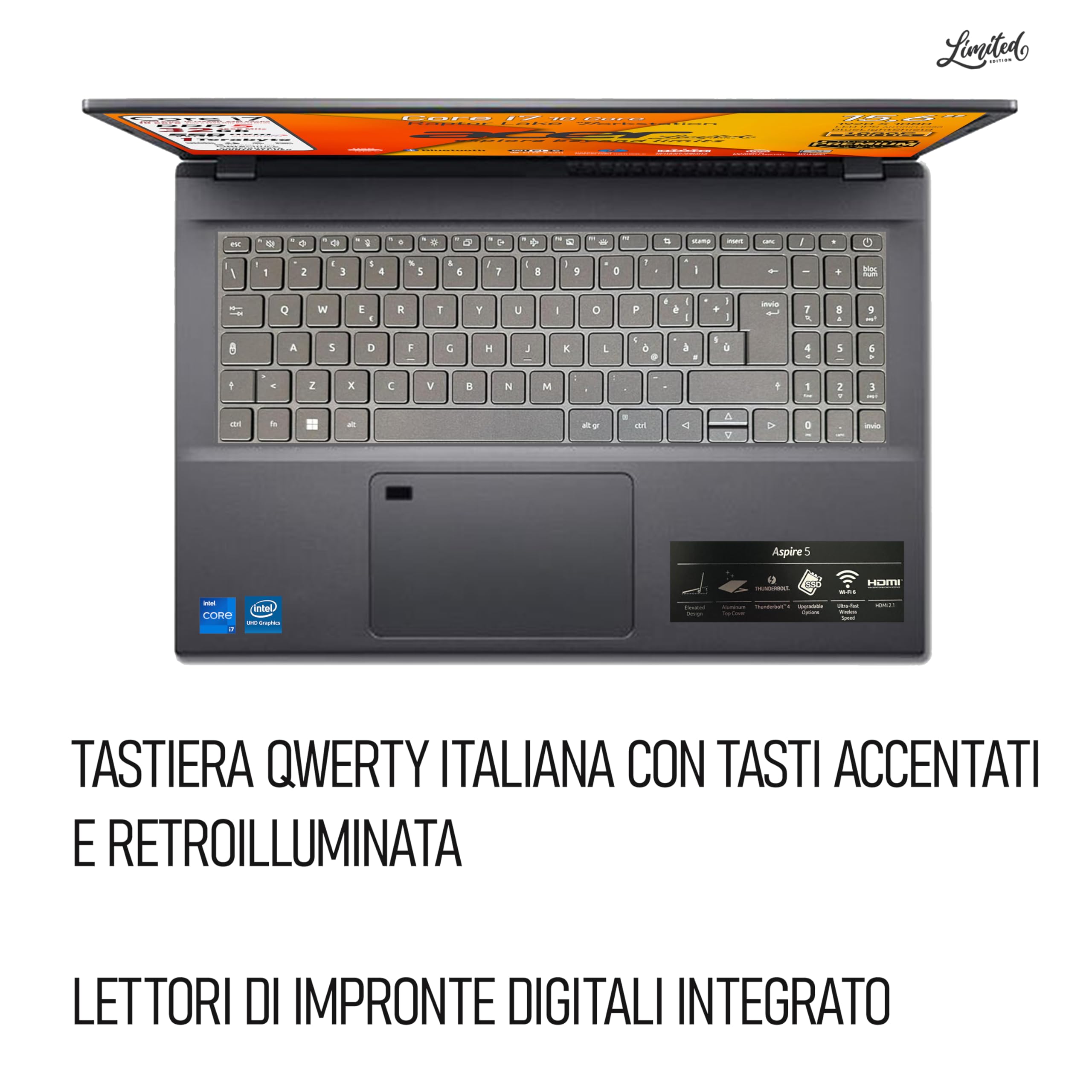acer, Notebook Intel Core i7-13620H, Raptor Lake, Ram DDR5 32Gb, SSD Pcie 1Tb, Display 15,6" FHD IPS BlueLightShiled, Tastiera retroilluminata, fingerprint, thunderbolt, Win 11Pro, pronto all'uso