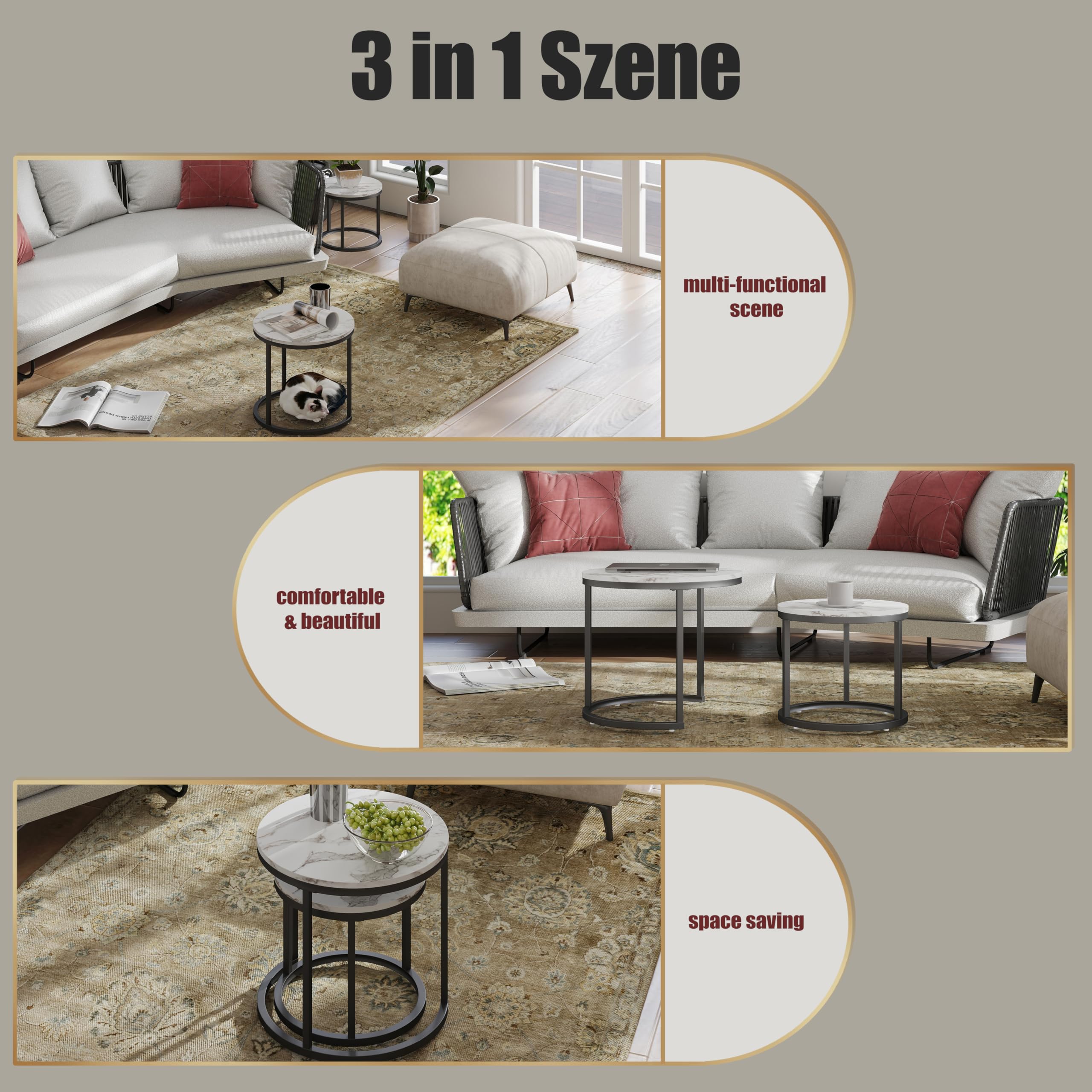 Tavolino Salotto Rotondo, Set di 2 Tavolino Soggiorno Moderno, Gamba in Metallo Nero, Adatto per Soggiorno, Caffetteria, Lounge 50x45cm +40x35cm (Bianco+Nero)