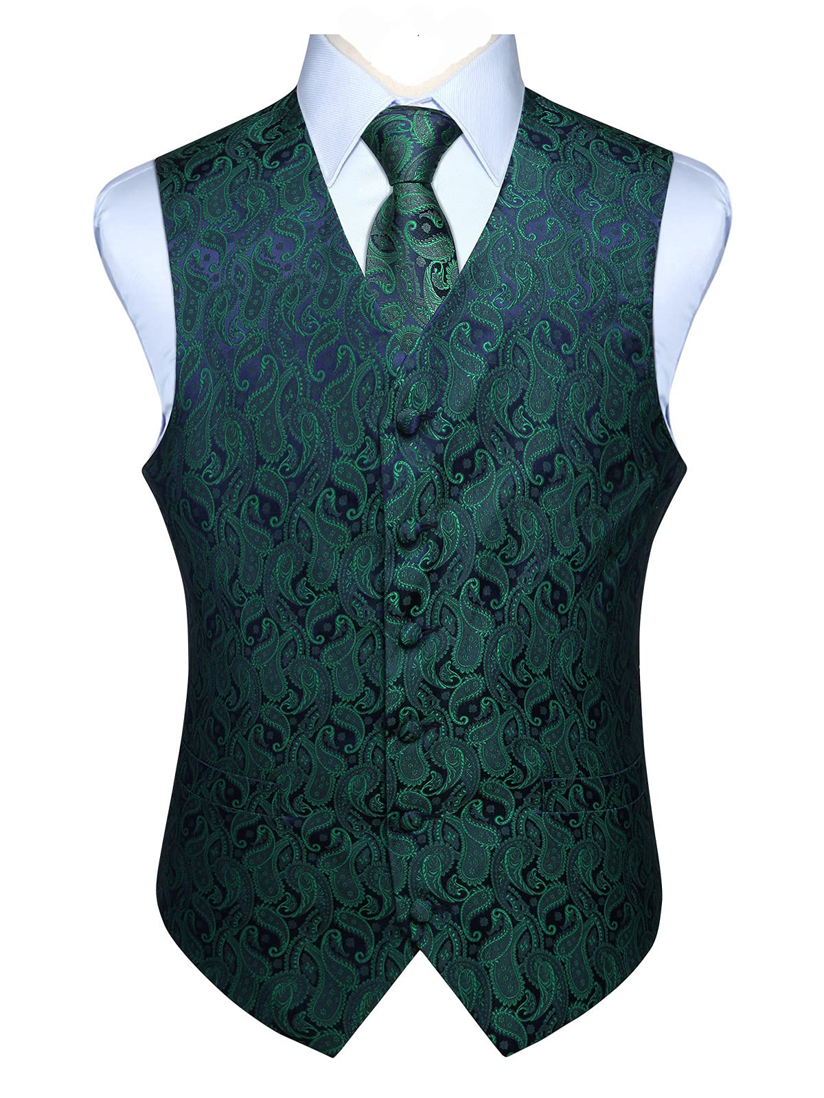 Enlision Men's Green Paisley Floral Wedding Party Jacquard Waistcoat&Necktie And Pocket Square Vest Suit Set M(Chest Size 44)