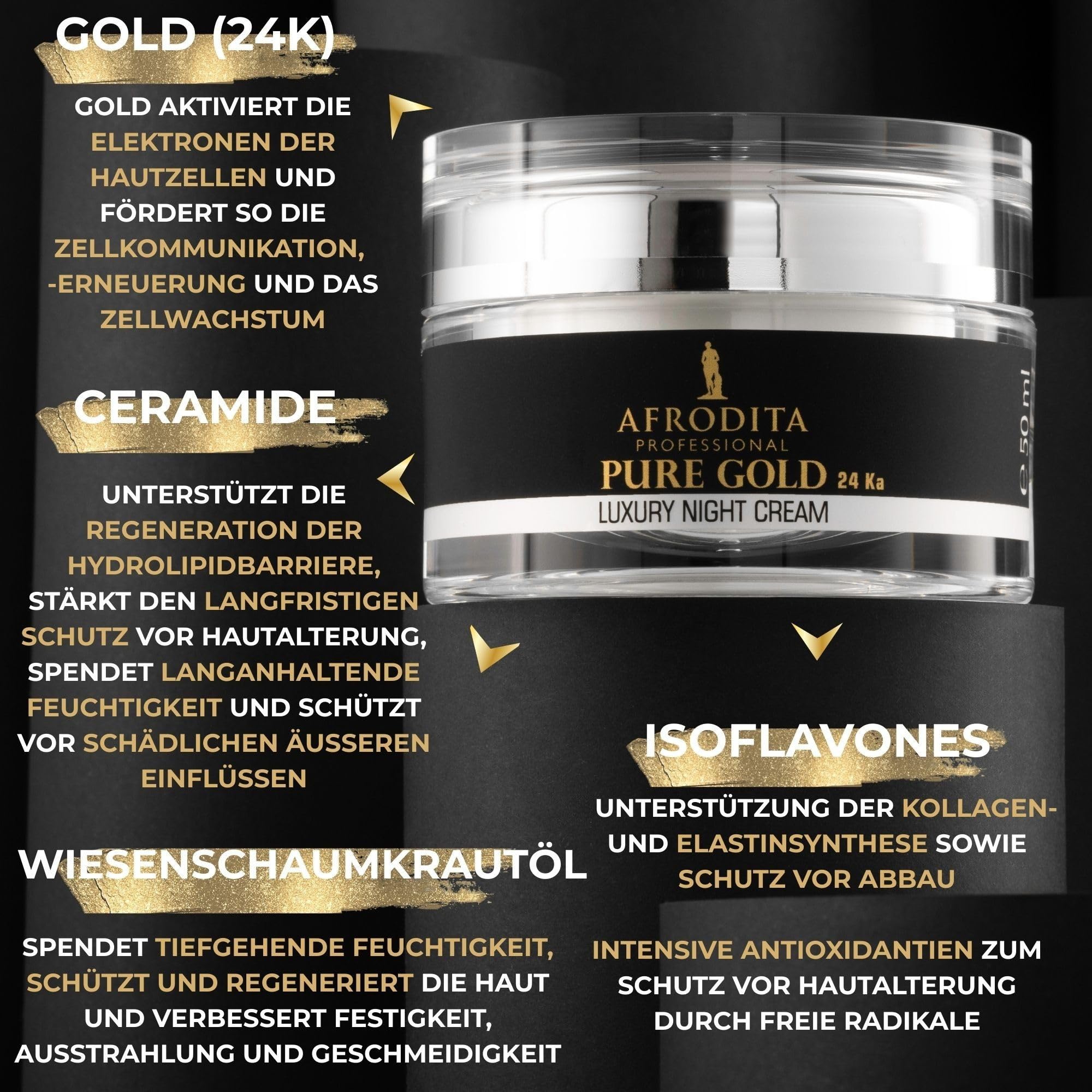 Afrodita Professional Pure Gold 24K Luxus Nachtcreme, Anti-Falten Gesichtscreme für reife trockene bis normale Haut, 50 ml, nährende 24 Karat Gold Pflege für glattere straffere Haut