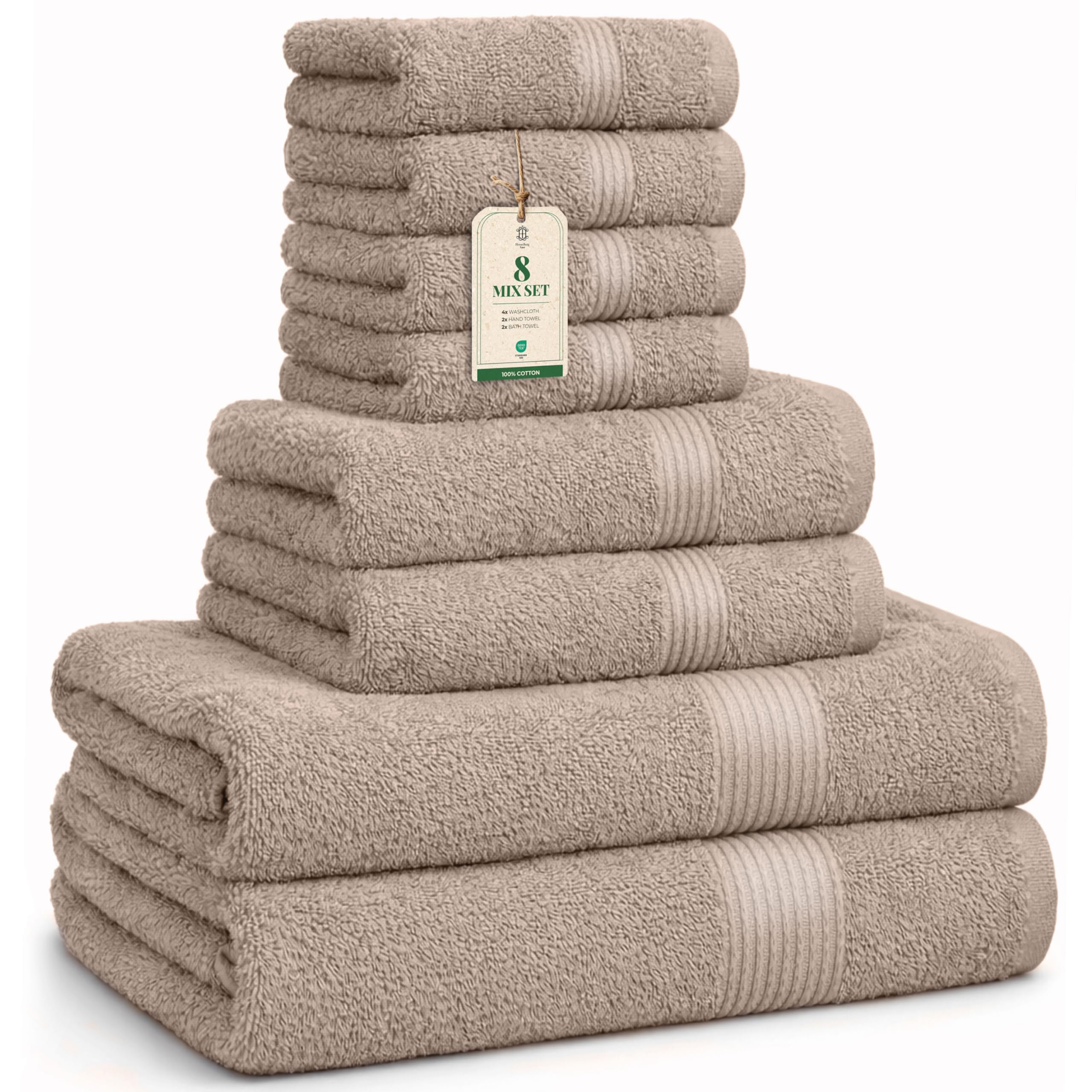 Luxe Set de Toallas 100% Algodón 8 Piezas 3 Tamaños 30x30 40x70 65x137 cm Arena Beige
