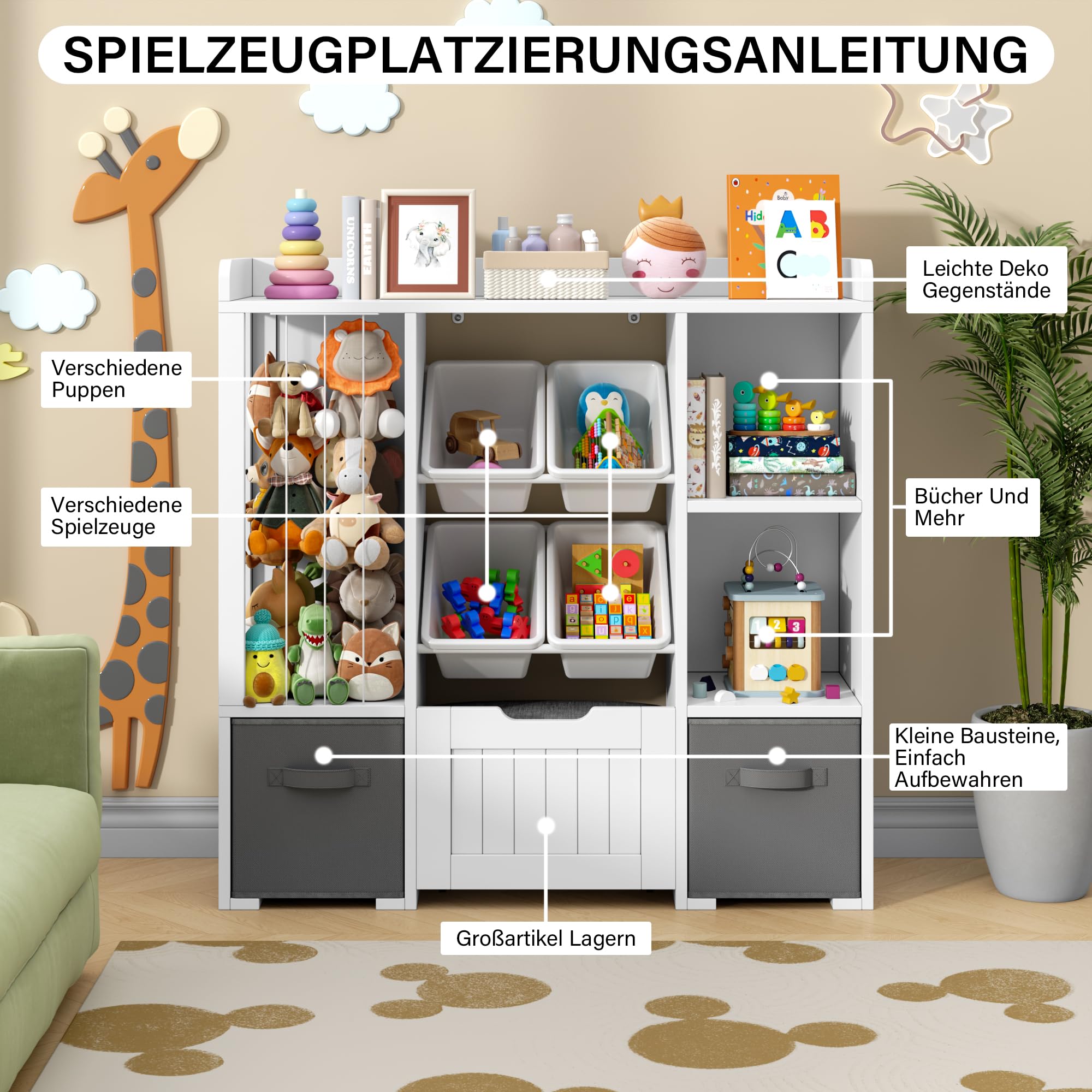 Jehiatek Kinderregal mit Stauraum-Sitzbank, Holz Spielzeugregal mit Kuscheltierfach, 2 Regalböden, 2 Stoffschubladen und 4 Aufbewahrungsboxen, Bücherregal für Kinderzimmer, Spielzimmer & Schlafzimmer