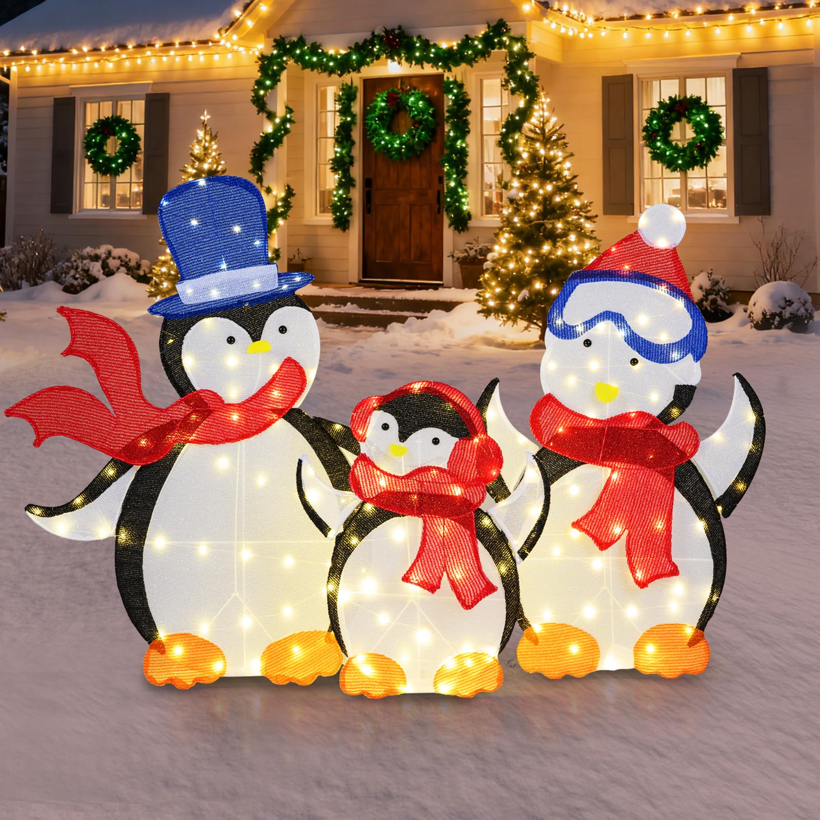 COSTWAY 3 teilige LED Pinguin Familie, beleuchtete Weihnachtsdeko mit 160 warmweißen LED-Lichtern & Schals, Weihnachtsfiguren XXL Outdoor, Weihnachtsbeleuchtung, Weihnachtsdekoration für Außen & Innen